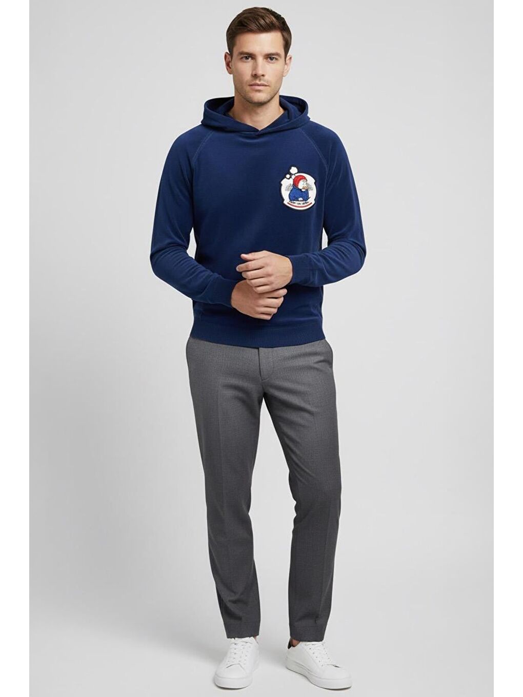 Mavi Giotelli Erkek Saks Normal Kesim Regular Fit Pamuklu Örme Kapüşonlu Sweatshirt-1