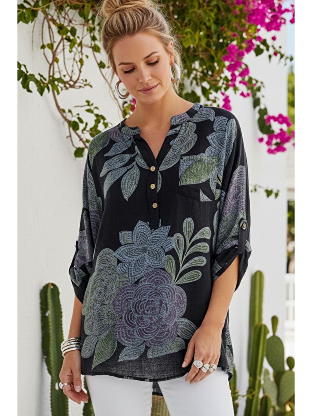 İtalyan Siyah Hakim Yaka Düğmeli 3/4 Kol Çiçekli Cepli Casual Keten Görünümlü Dokuma Bluz 75 65-1