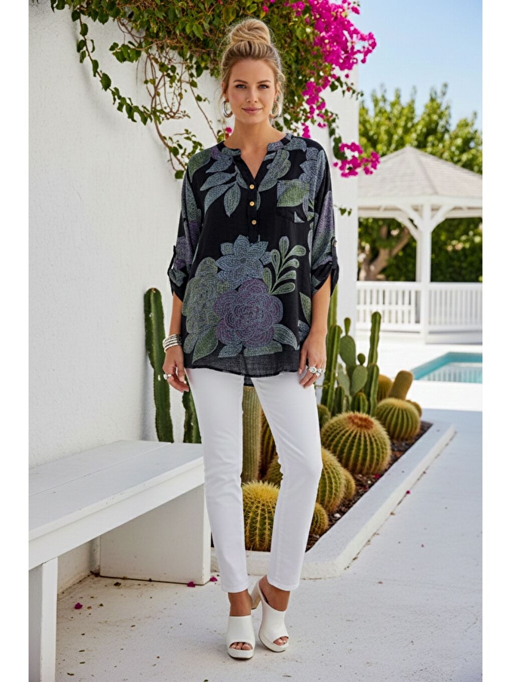 İtalyan Siyah Hakim Yaka Düğmeli 3/4 Kol Çiçekli Cepli Casual Keten Görünümlü Dokuma Bluz 75 65-4