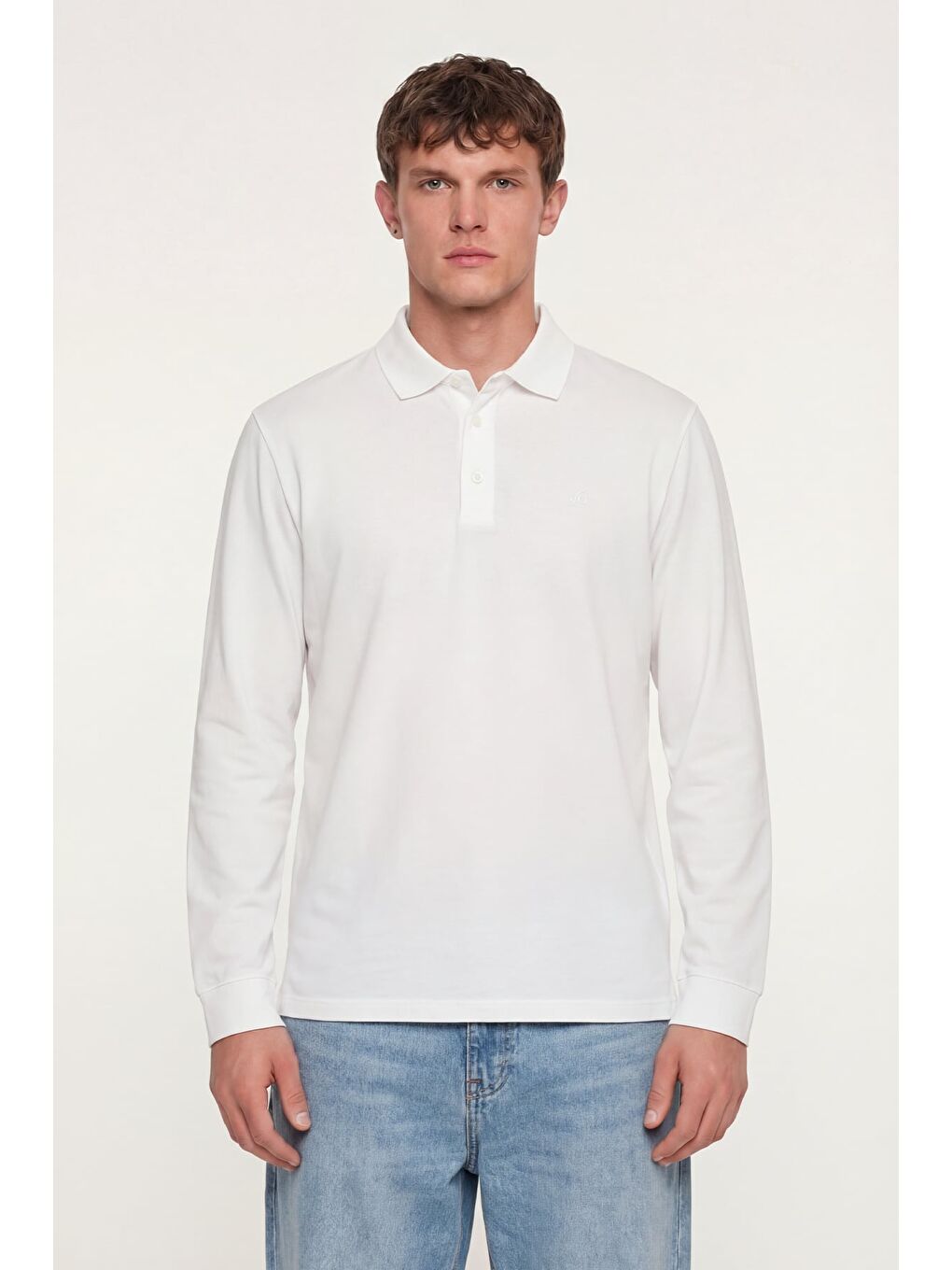 Erkek Ekru Normal Kesim Regular Fit %100 Pamuk Uzun Kollu Düğmeli Polo Yaka Sweatshirt