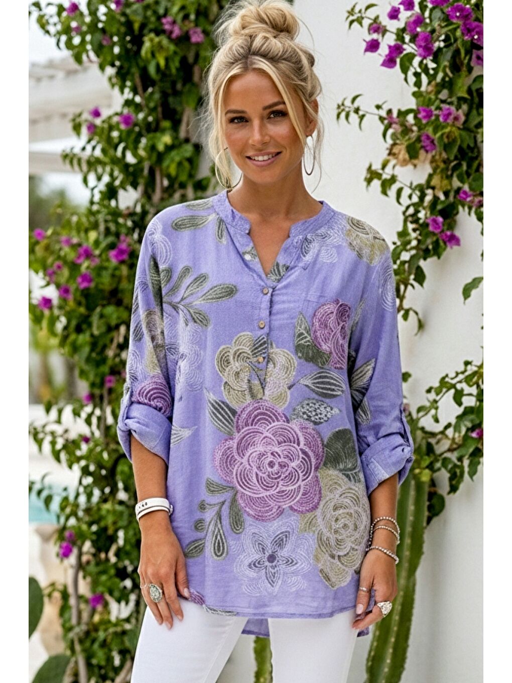 İtalyan Lila Hakim Yaka Düğmeli 3/4 Kol Çiçekli Cepli Casual Keten Görünümlü Dokuma Bluz 75 65-1
