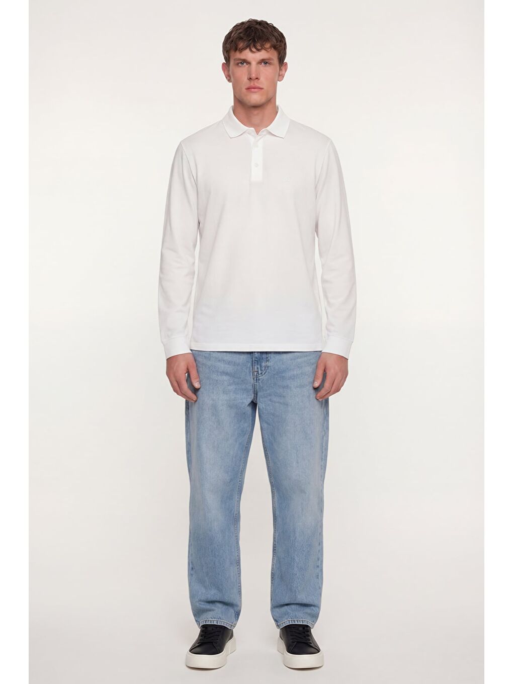 Erkek Ekru Normal Kesim Regular Fit %100 Pamuk Uzun Kollu Düğmeli Polo Yaka Sweatshirt-1