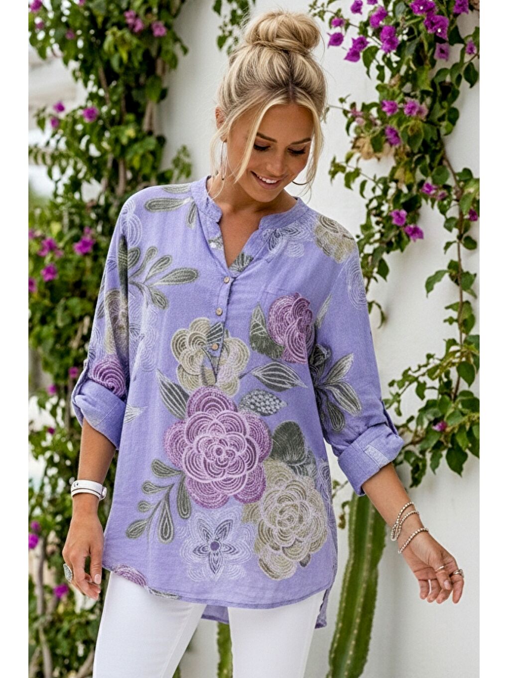 İtalyan Lila Hakim Yaka Düğmeli 3/4 Kol Çiçekli Cepli Casual Keten Görünümlü Dokuma Bluz 75 65-2