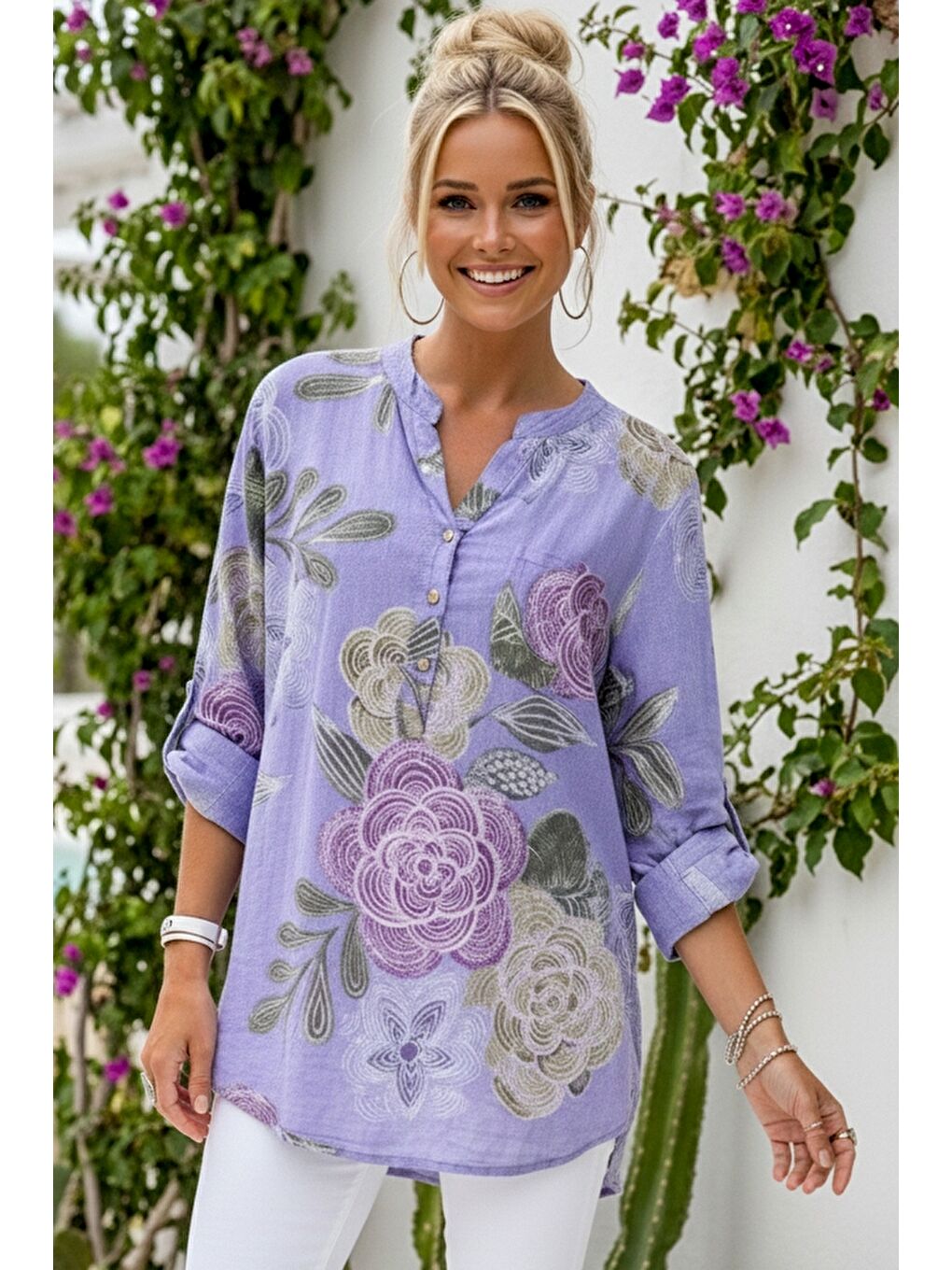 İtalyan Lila Hakim Yaka Düğmeli 3/4 Kol Çiçekli Cepli Casual Keten Görünümlü Dokuma Bluz 75 65-3
