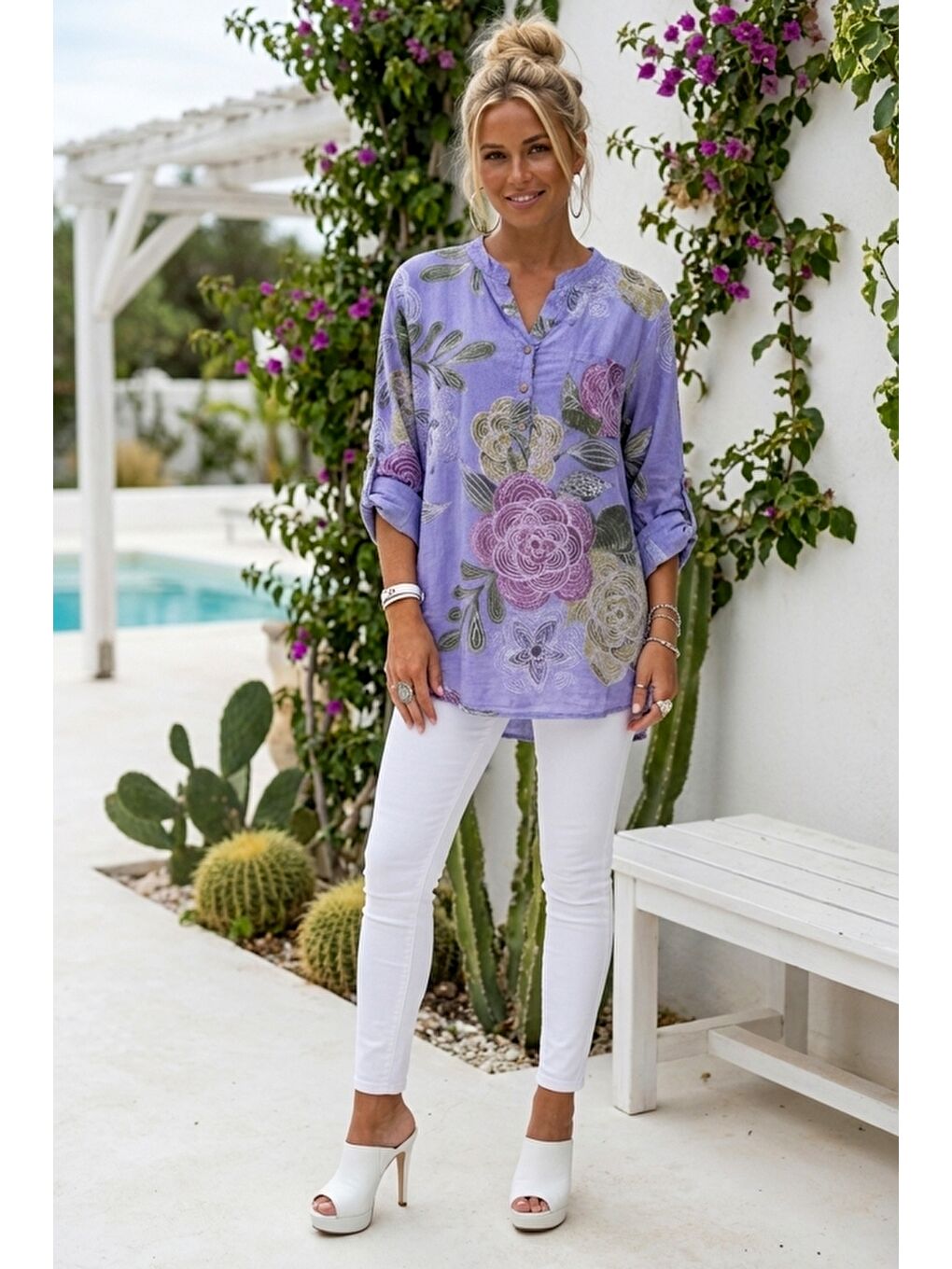 İtalyan Lila Hakim Yaka Düğmeli 3/4 Kol Çiçekli Cepli Casual Keten Görünümlü Dokuma Bluz 75 65-4