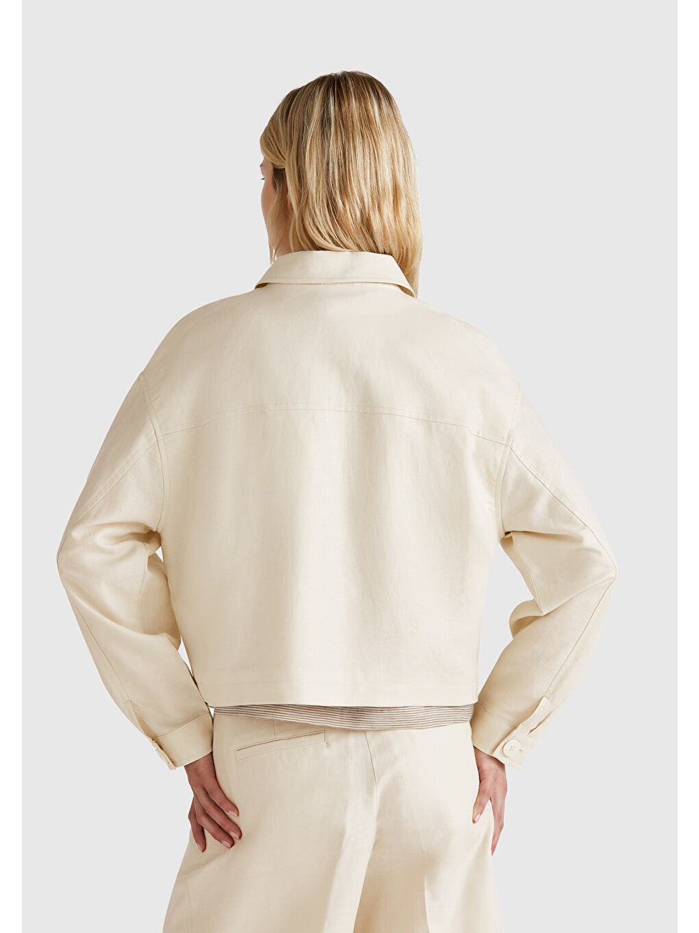 Bej Kadın Taş Rengi Keten Karışımlı Ceket-2