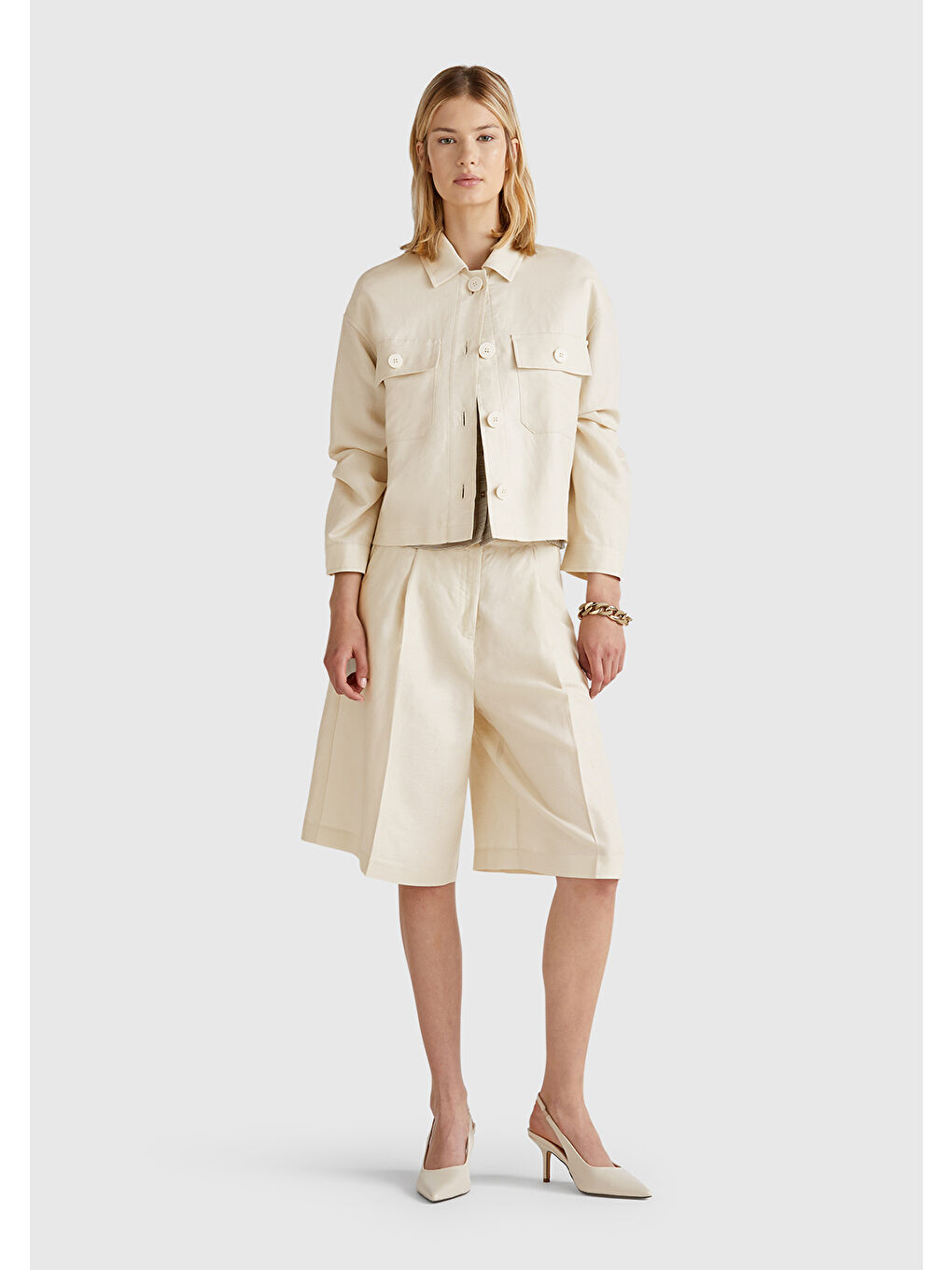 Bej Kadın Taş Rengi Keten Karışımlı Ceket-4