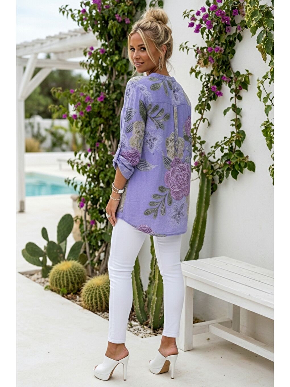 İtalyan Lila Hakim Yaka Düğmeli 3/4 Kol Çiçekli Cepli Casual Keten Görünümlü Dokuma Bluz 75 65-5