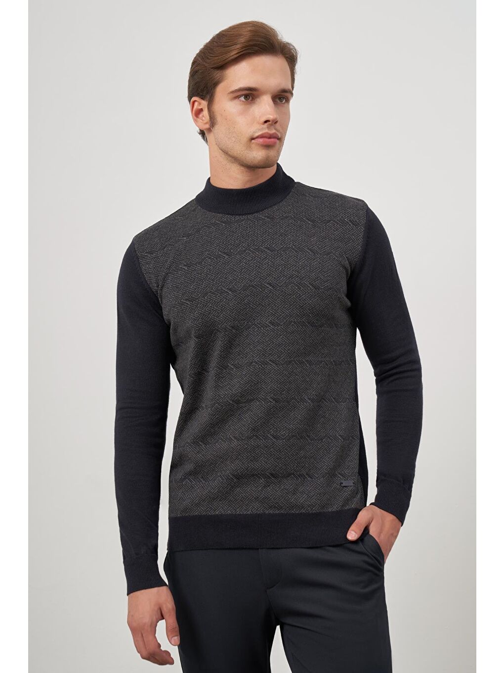 Koyu Lacivert Uzun Kol Kendinden Örme Yarım Balıkçı Yaka Classic Comfort Fit Triko 1012245152