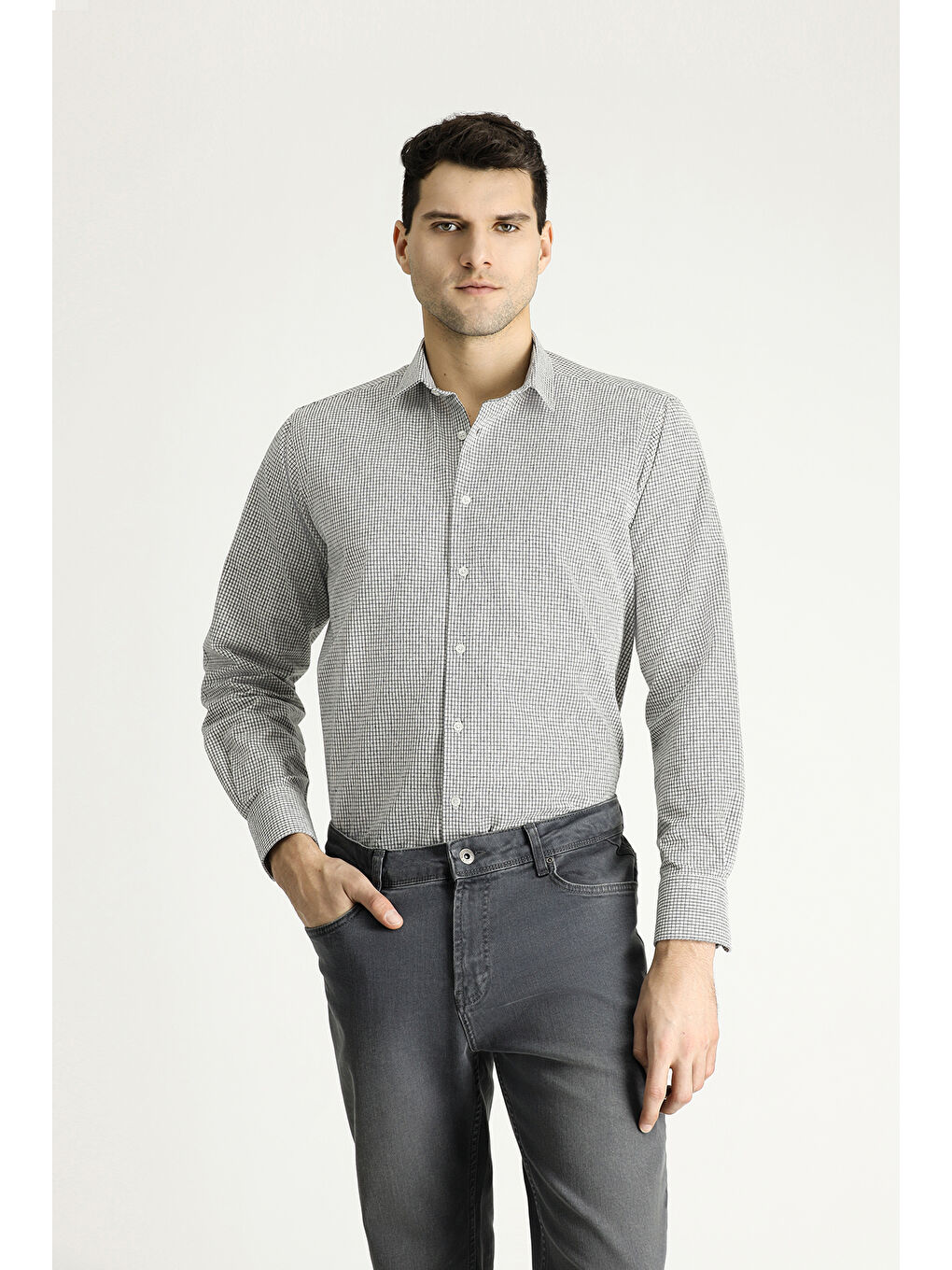 Beyaz Uzun Kol Regular Fit Oduncu Kareli Pamuklu Kolay Ütülenebilir Gömlek-1