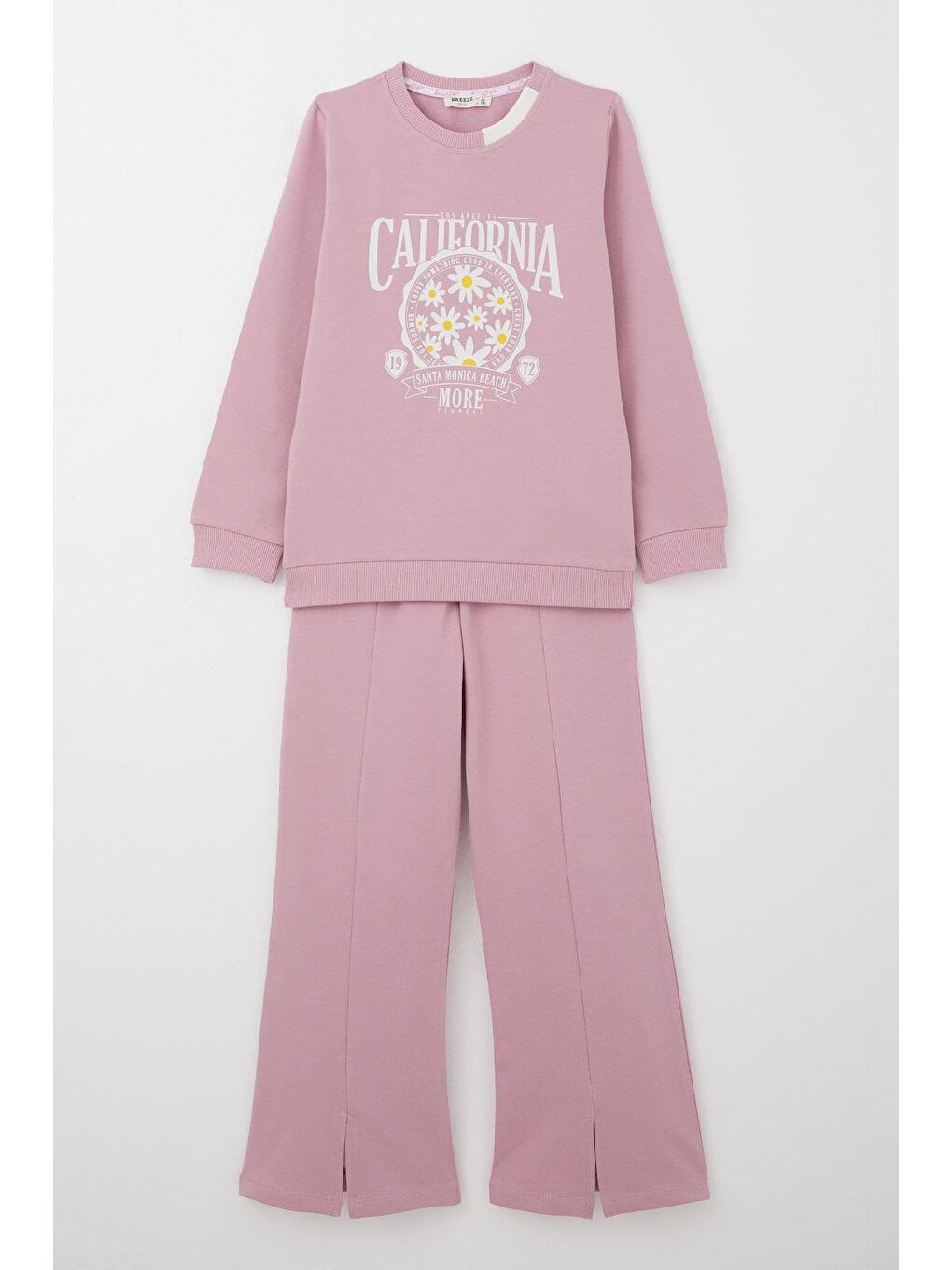 Pembe Kız Çocuk Eşofman Takım Çiçek Baskılı Geniş Paça Yırtmaçlı Gülkurusu (5-10 Yaş)