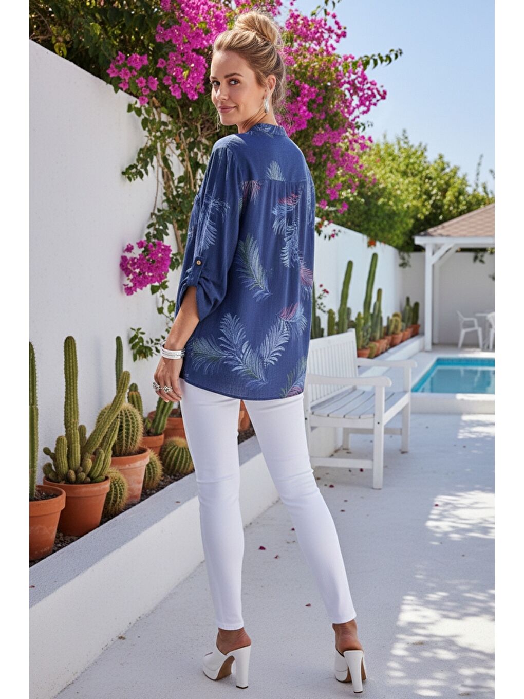 İtalyan Lacivert Hakim Yaka Düğmeli 3/4 Kol Yaprak Desenli Cepli Keten Görünümlü Dokuma Bluz 75 65-3