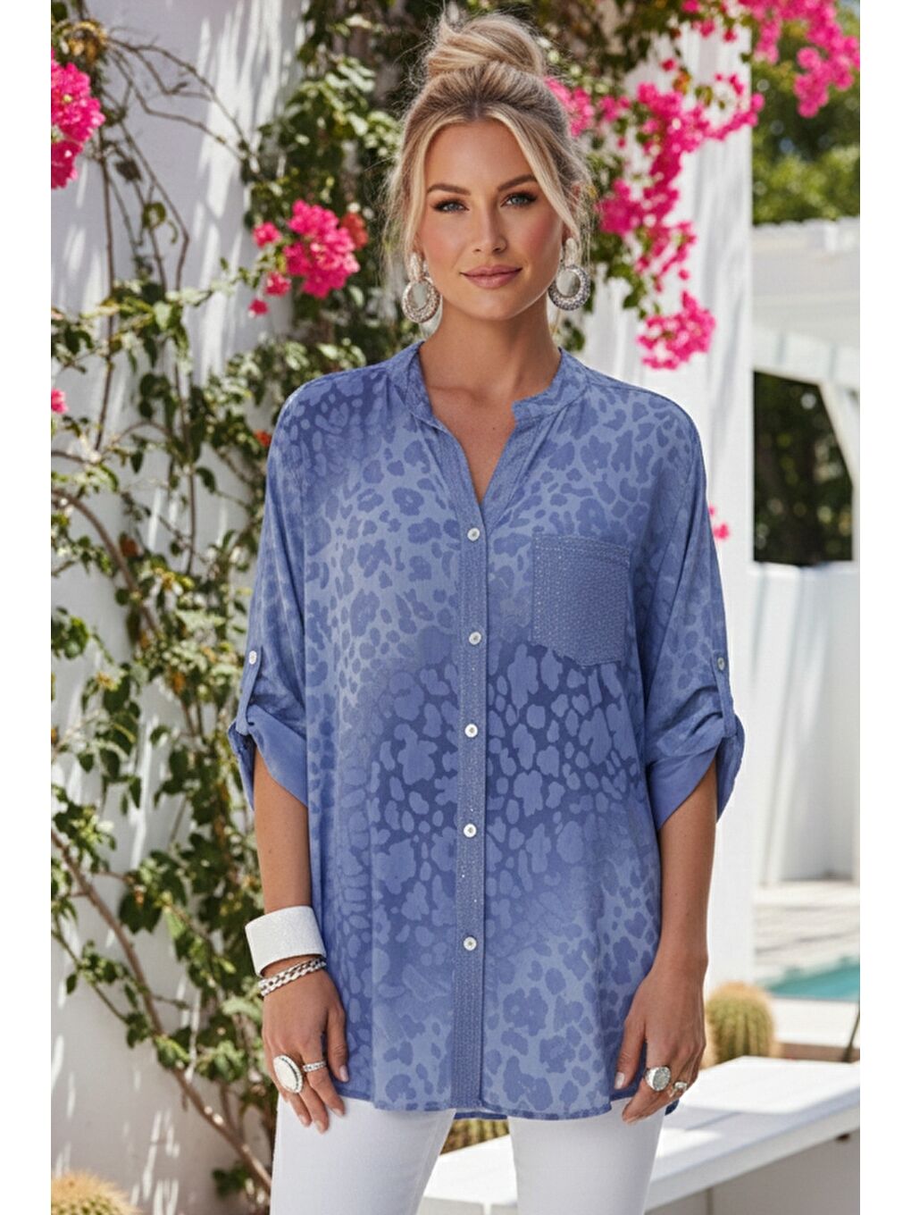 İtalyan Lila Hakim Yaka 3/4 Kol Leopar Desenli Düğmeli Pullu Cepli Casual Viskon Dokuma 75 65-1