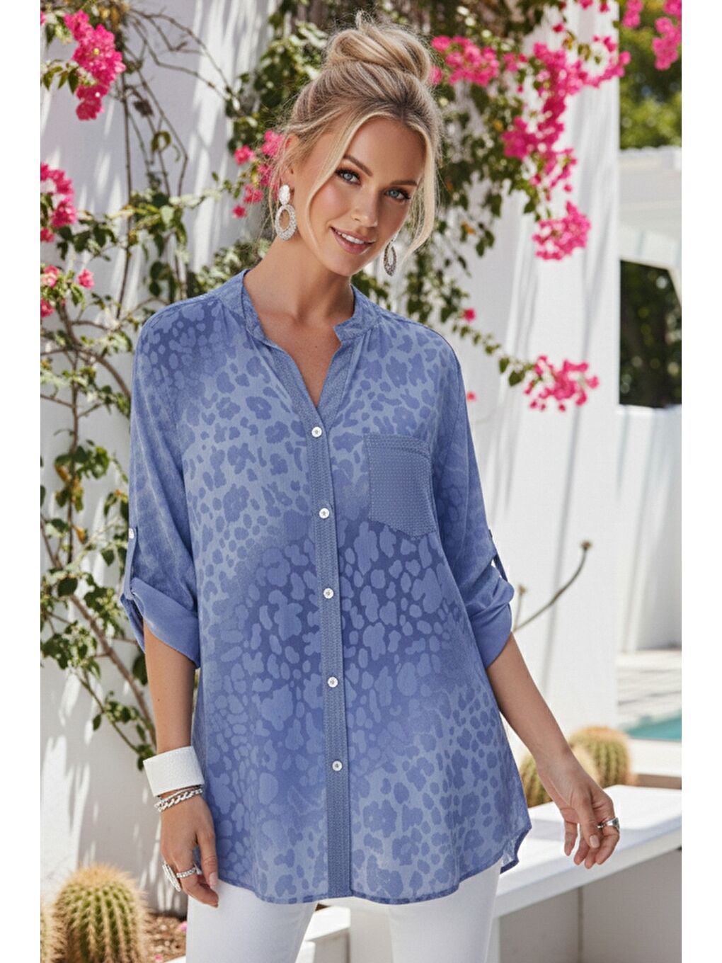 İtalyan Lila Hakim Yaka 3/4 Kol Leopar Desenli Düğmeli Pullu Cepli Casual Viskon Dokuma 75 65-2