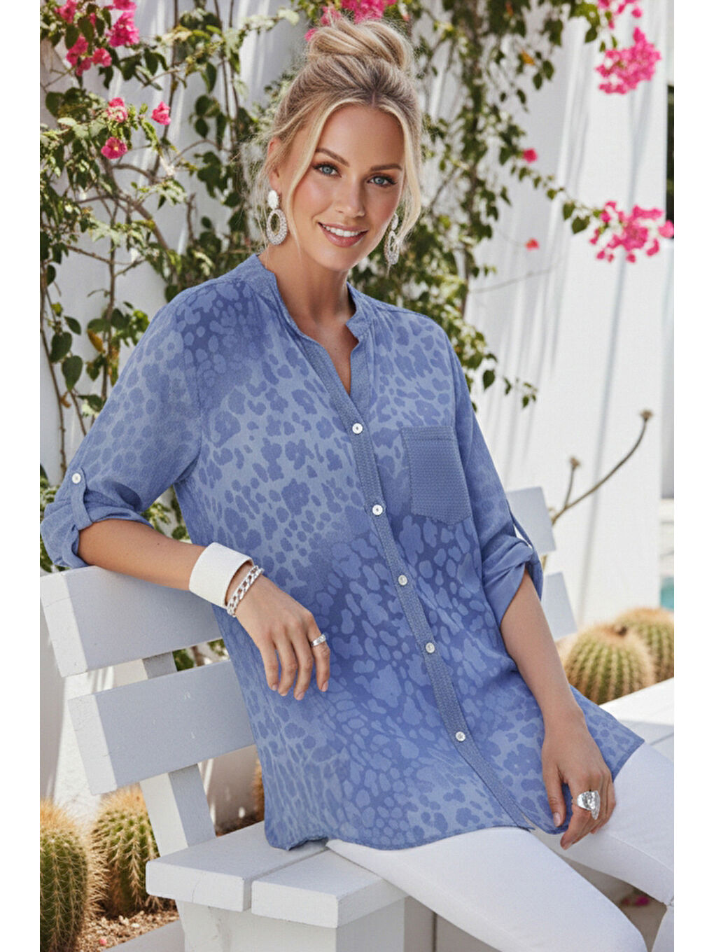 İtalyan Lila Hakim Yaka 3/4 Kol Leopar Desenli Düğmeli Pullu Cepli Casual Viskon Dokuma 75 65-3