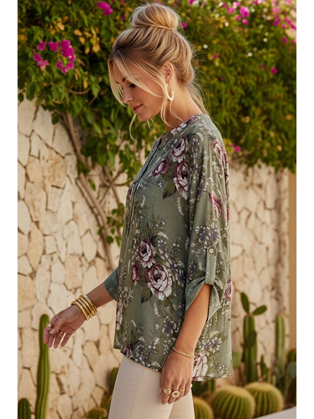 İtalyan Haki Hakim Yaka Düğmeli 3/4 Kol Çiçekli Cepli Casual Keten Görünümlü Dokuma Bluz 75 65-1