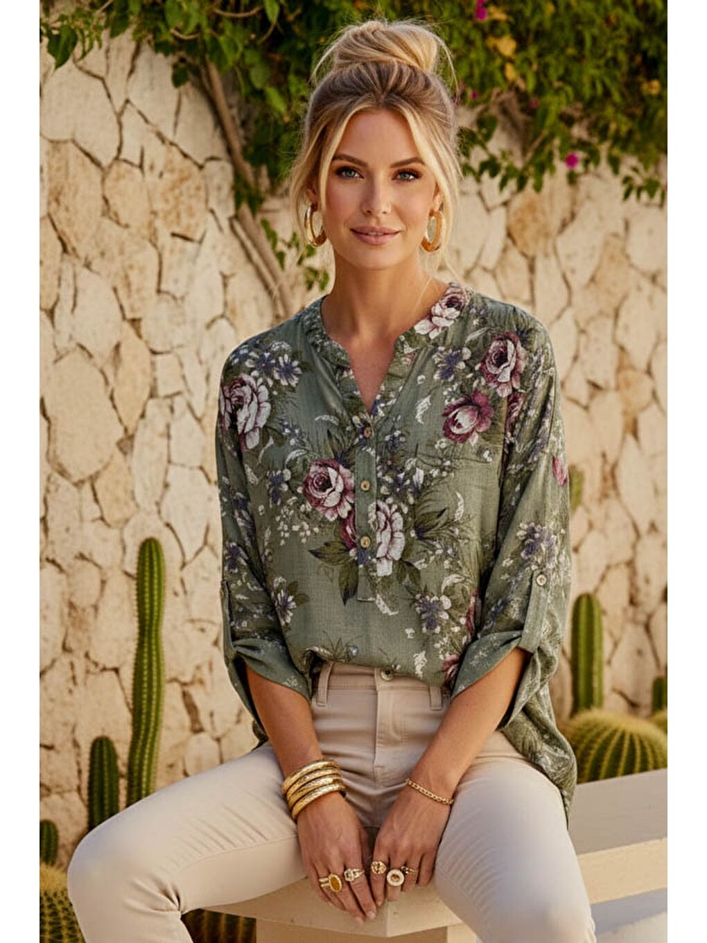 İtalyan Haki Hakim Yaka Düğmeli 3/4 Kol Çiçekli Cepli Casual Keten Görünümlü Dokuma Bluz 75 65-2