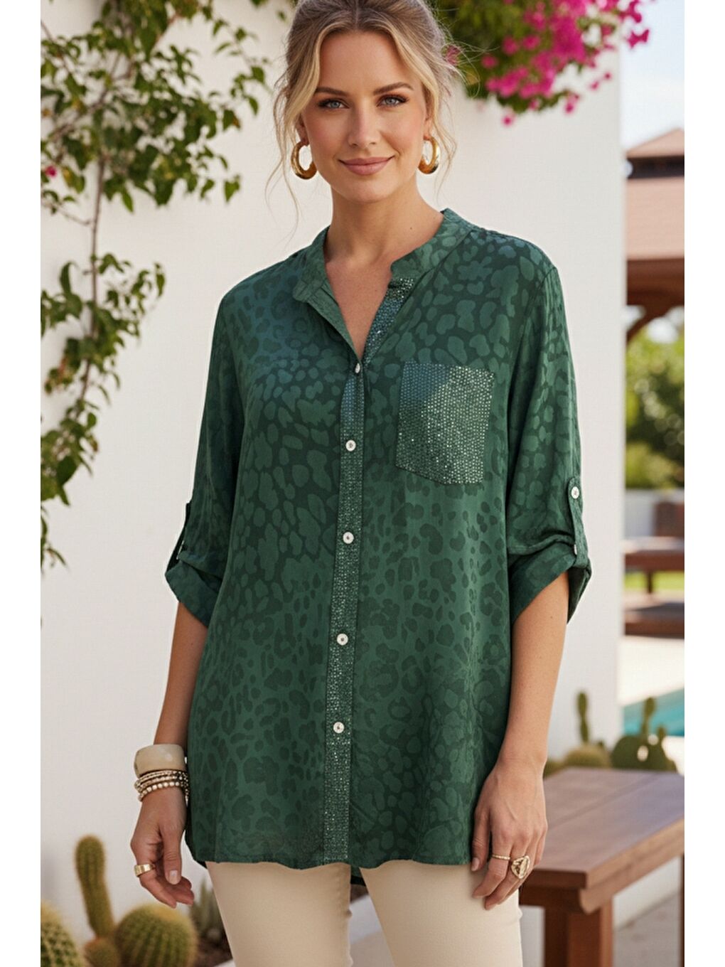 İtalyan Koyu Yeşil Hakim Yaka 3/4 Kol Leopar Desenli Düğmeli Pullu Cepli Casual Viskon Dokuma 75 65-1