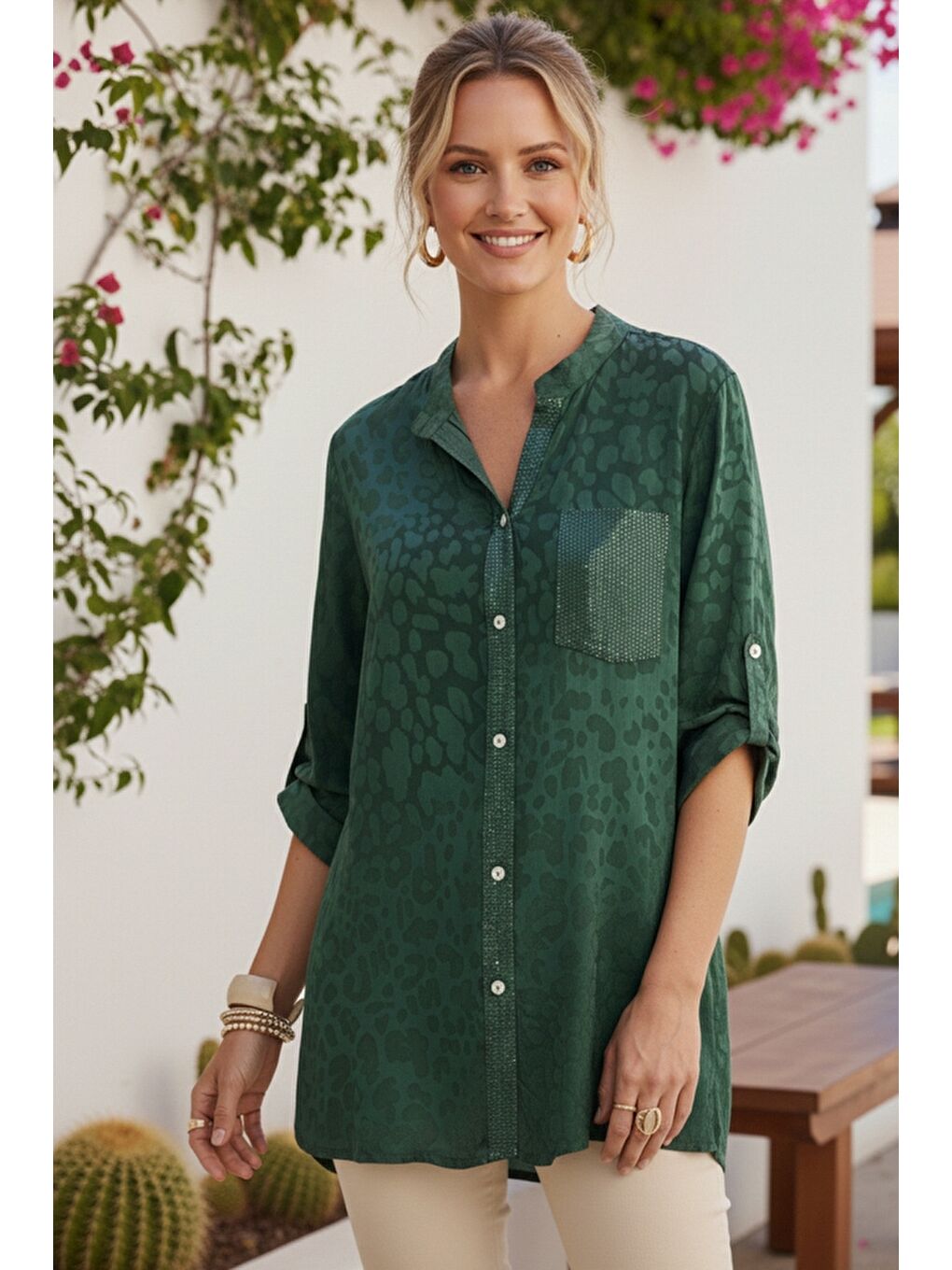 İtalyan Koyu Yeşil Hakim Yaka 3/4 Kol Leopar Desenli Düğmeli Pullu Cepli Casual Viskon Dokuma 75 65-2