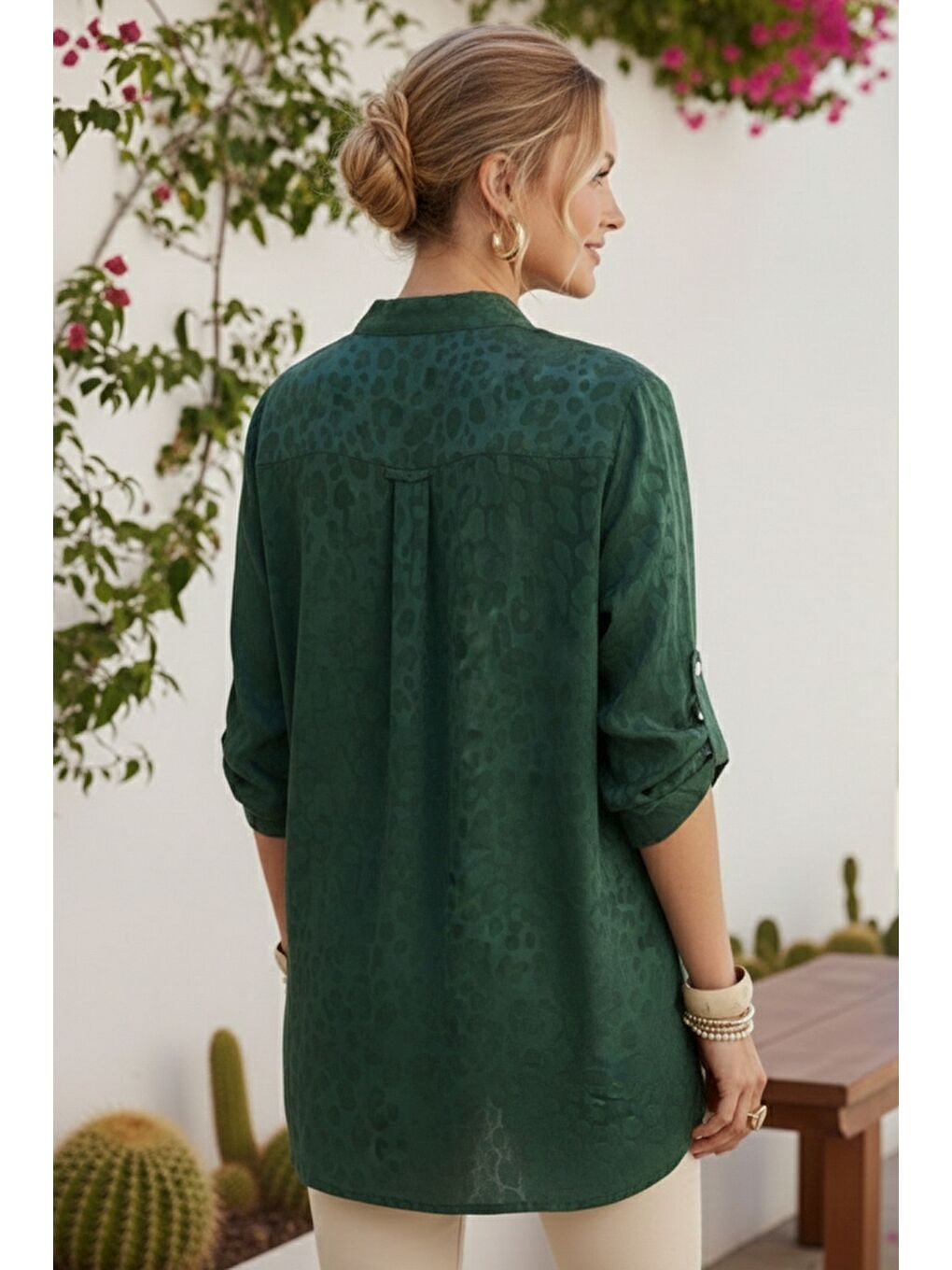 İtalyan Koyu Yeşil Hakim Yaka 3/4 Kol Leopar Desenli Düğmeli Pullu Cepli Casual Viskon Dokuma 75 65-5