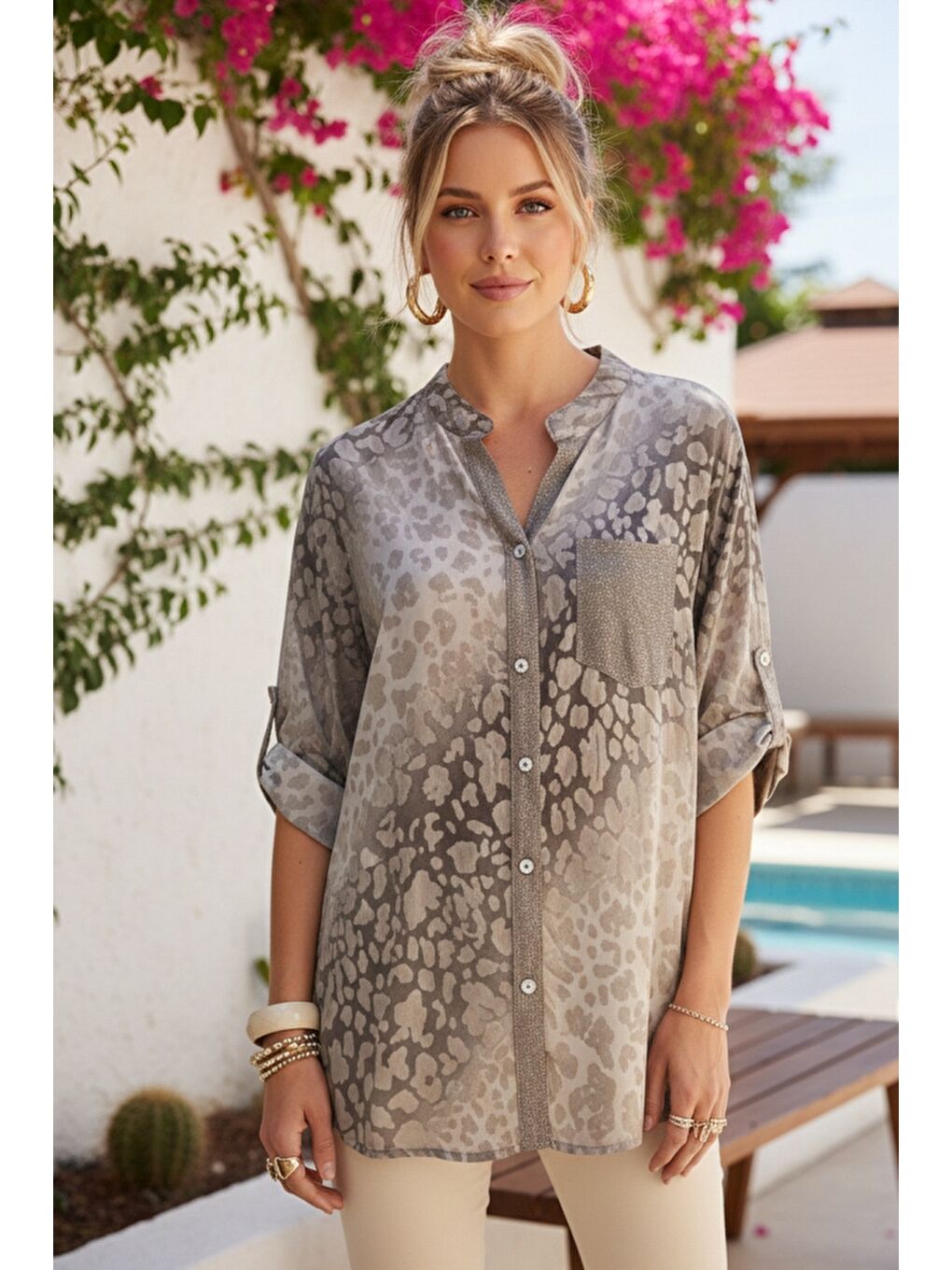 İtalyan Bej Hakim Yaka 3/4 Kol Leopar Desenli Düğmeli Pullu Cepli Casual Viskon Dokuma 75 65-1