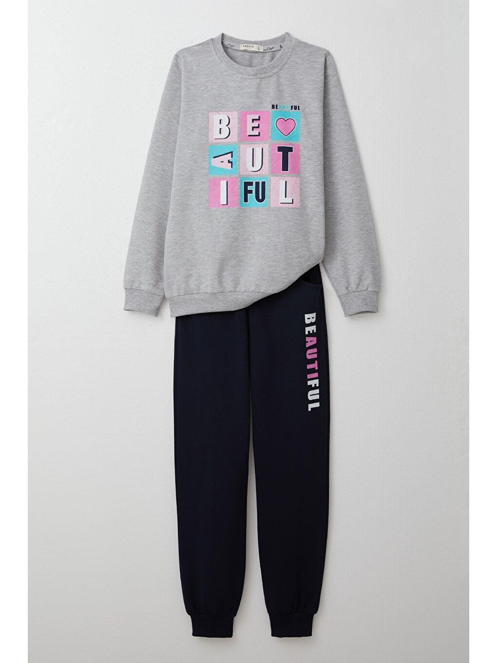 Kız Çocuk Eşofman Takım Renkli Yazı Baskılı Açık Gri Melanj (8-12 Yaş)