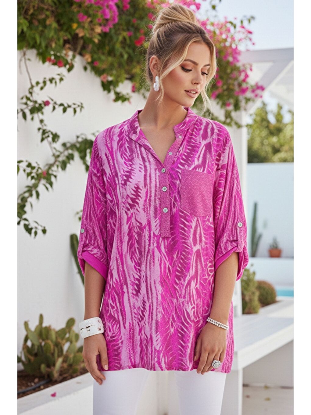 İtalyan Pembe Hakim Yaka Düğmeli 3/4 Kol Desenli Düğmeli Pullu Cepli Casual Viskon Dokuma Bluz 72 65-1