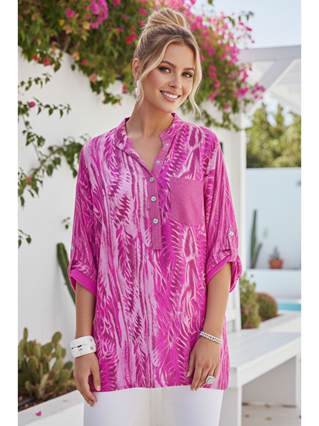İtalyan Pembe Hakim Yaka Düğmeli 3/4 Kol Desenli Düğmeli Pullu Cepli Casual Viskon Dokuma Bluz 72 65-2
