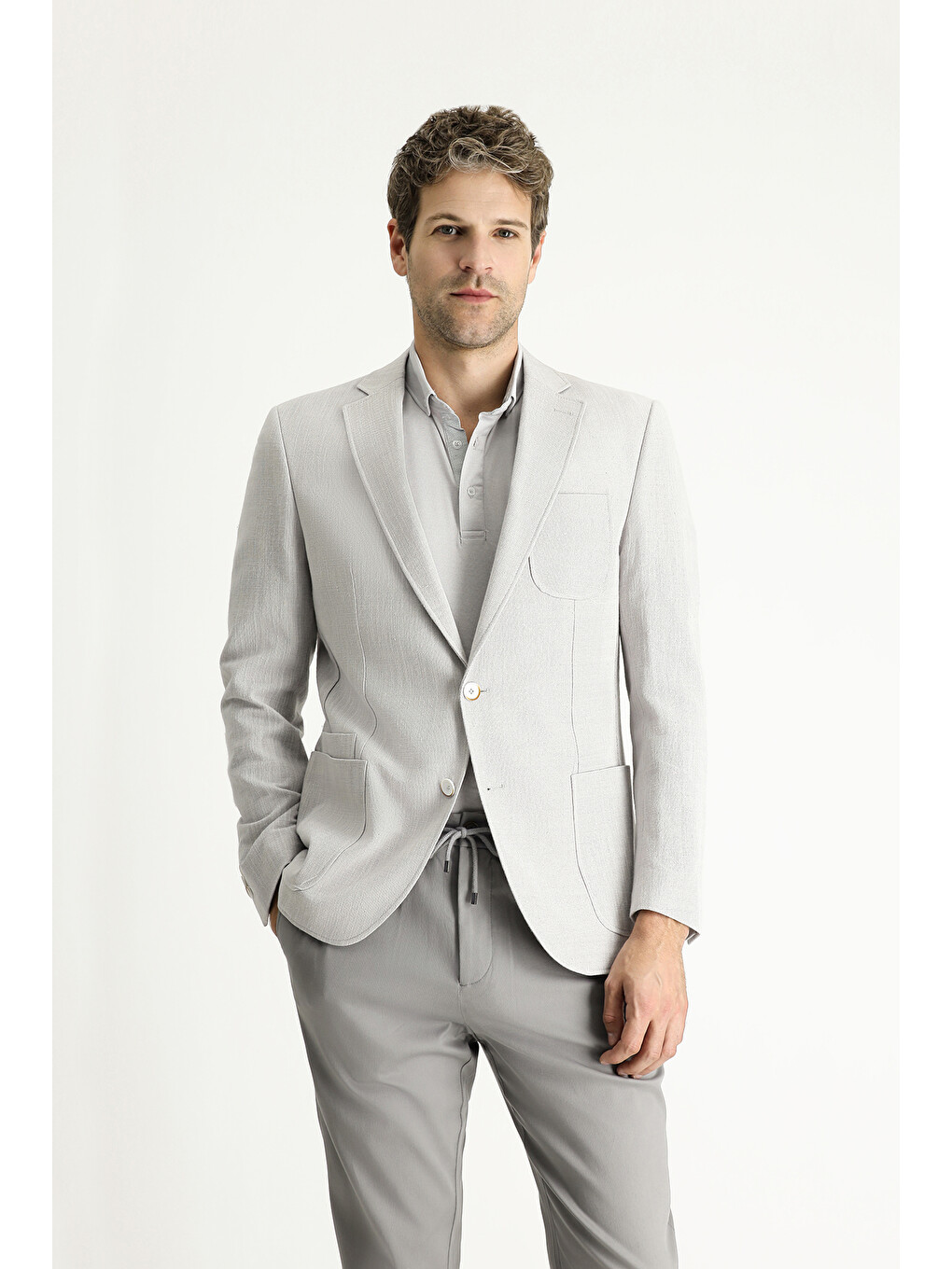 Gri Dar Kesim Desenli Spor Pamuk Blazer Ceket