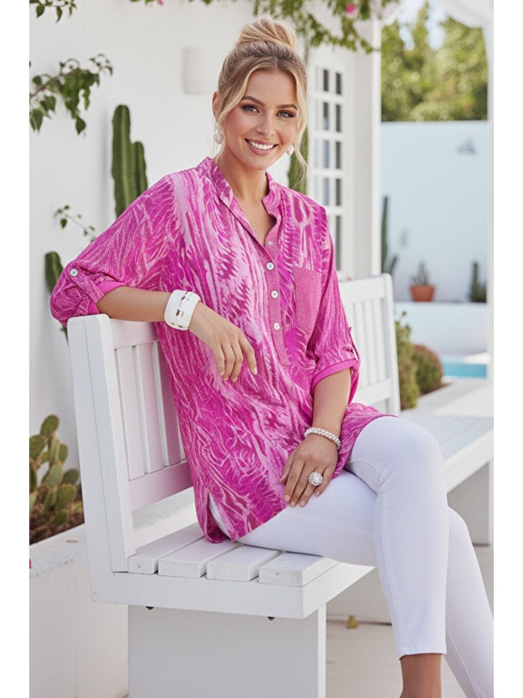 İtalyan Pembe Hakim Yaka Düğmeli 3/4 Kol Desenli Düğmeli Pullu Cepli Casual Viskon Dokuma Bluz 72 65-3