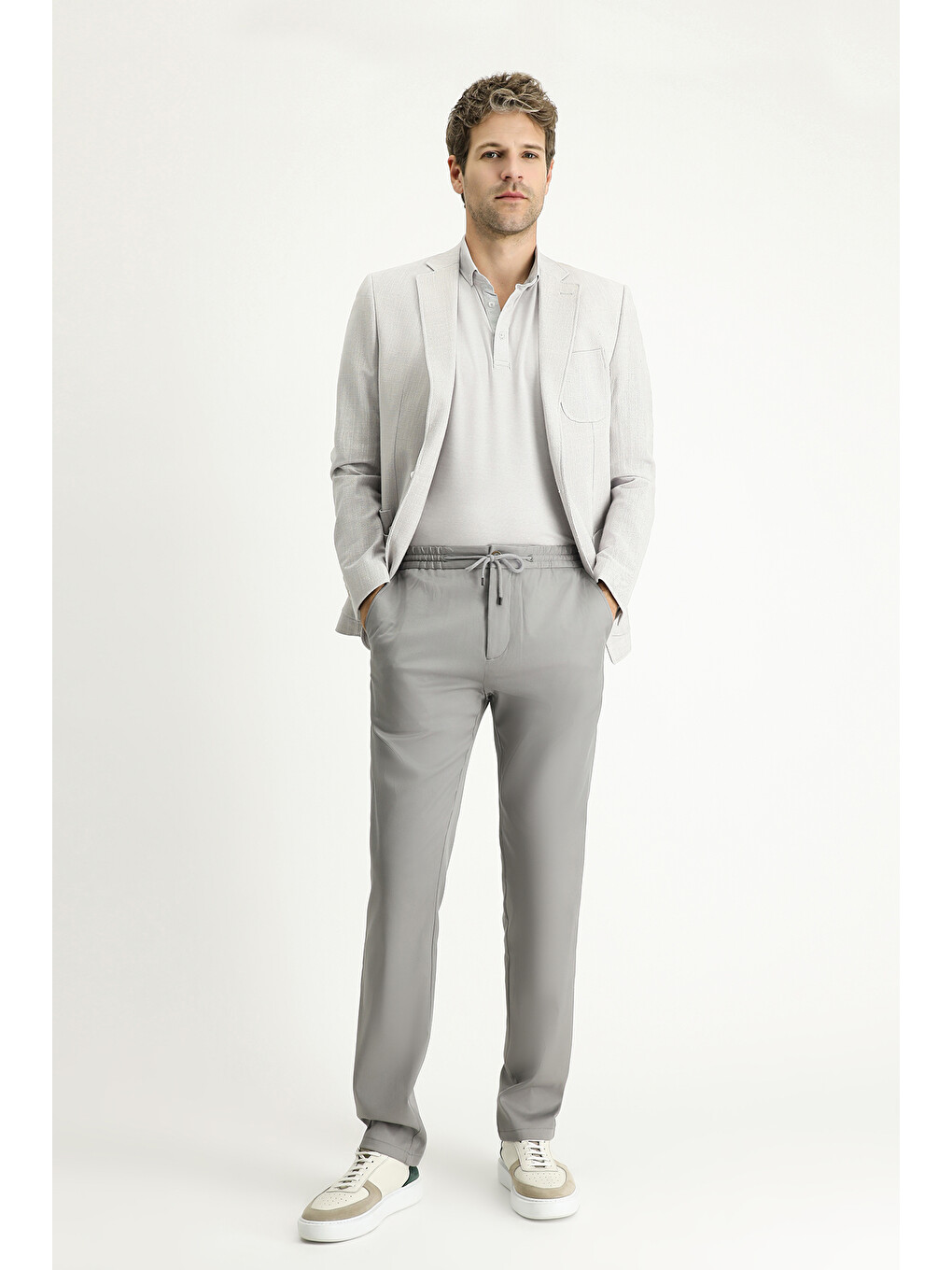 Gri Dar Kesim Desenli Spor Pamuk Blazer Ceket-1