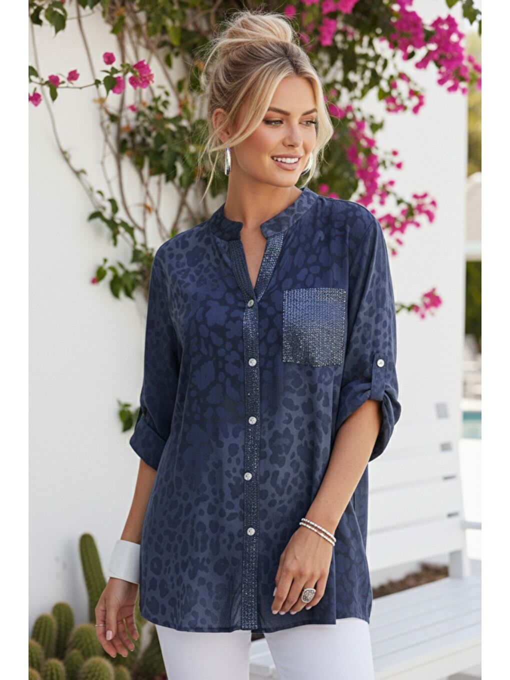 İtalyan Lacivert Hakim Yaka 3/4 Kol Leopar Desenli Düğmeli Pullu Cepli Casual Viskon Dokuma 75 65-2