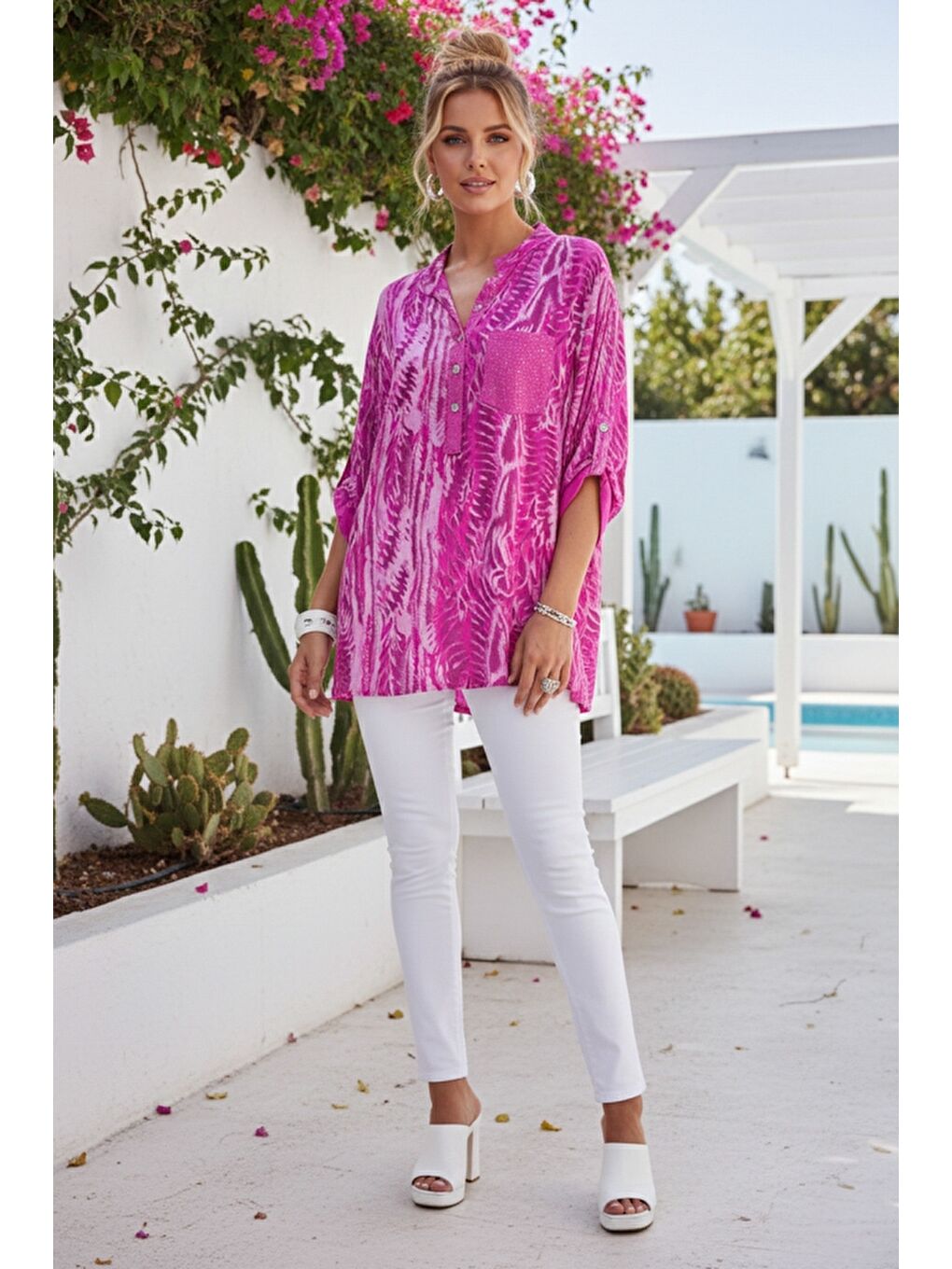İtalyan Pembe Hakim Yaka Düğmeli 3/4 Kol Desenli Düğmeli Pullu Cepli Casual Viskon Dokuma Bluz 72 65-4