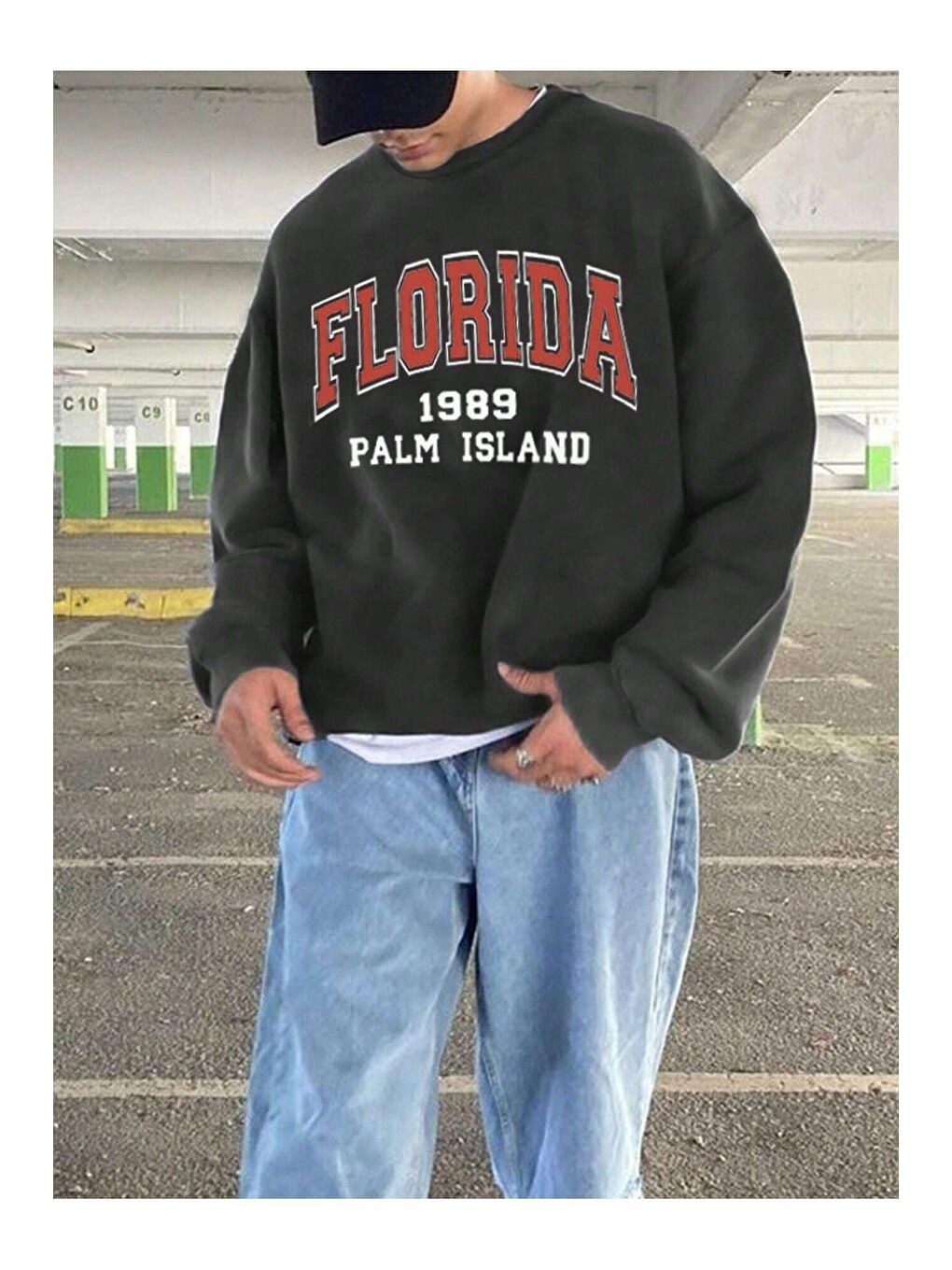 Trendseninle Füme Erkek Füme Florida Palm Island Baskılı Oversize Bisiklet Yaka New Sweatshirt