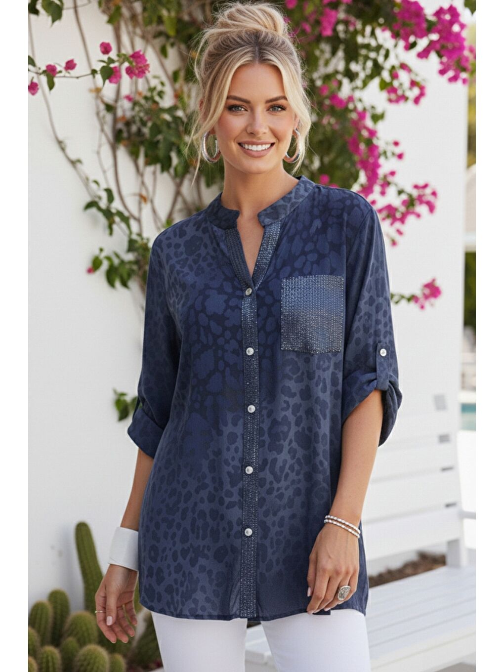 İtalyan Lacivert Hakim Yaka 3/4 Kol Leopar Desenli Düğmeli Pullu Cepli Casual Viskon Dokuma 75 65-3