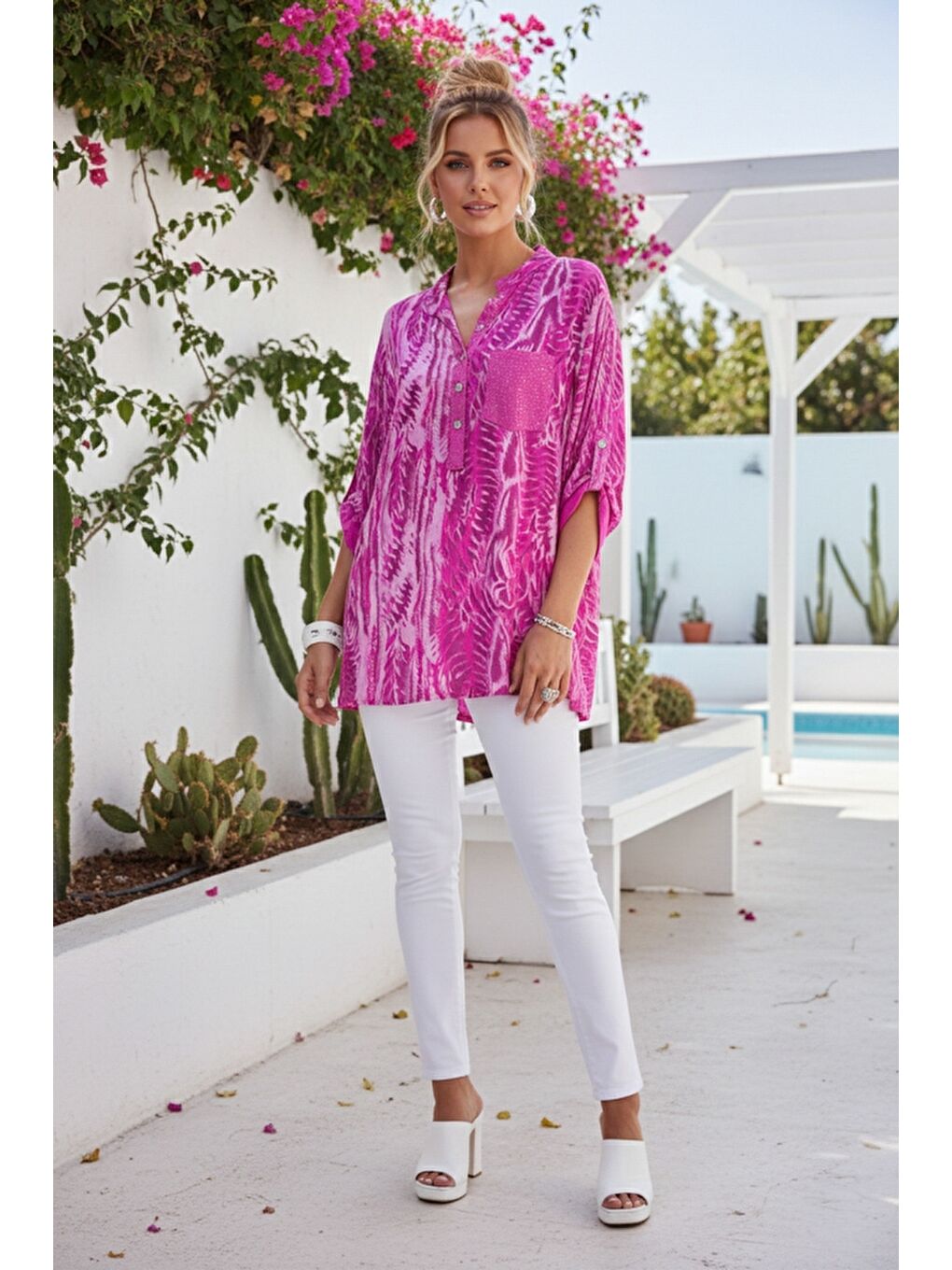 İtalyan Pembe Hakim Yaka Düğmeli 3/4 Kol Desenli Düğmeli Pullu Cepli Casual Viskon Dokuma Bluz 72 65-5