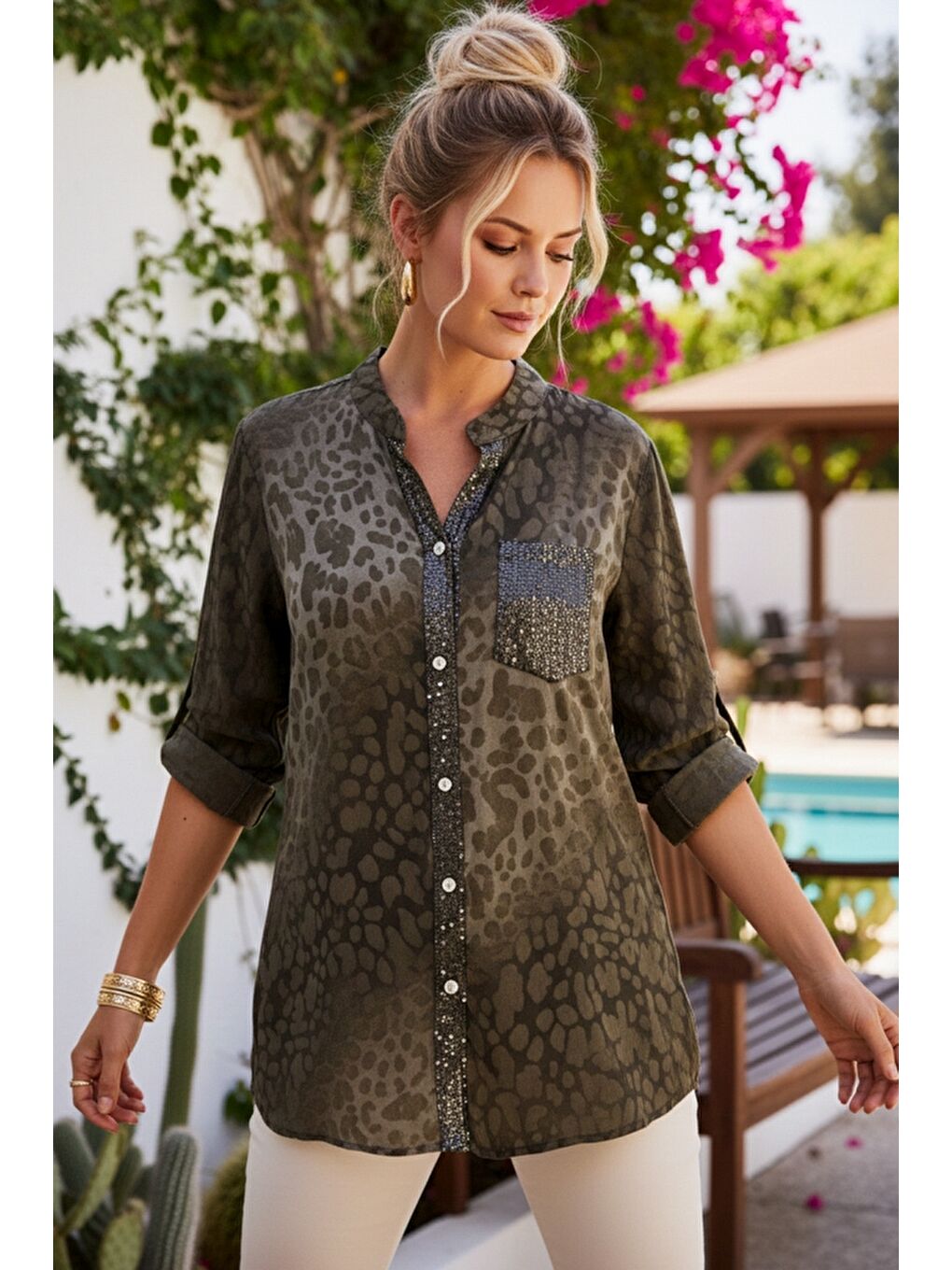 İtalyan Kahverengi Hakim Yaka 3/4 Kol Leopar Desenli Düğmeli Pullu Cepli Casual Viskon Dokuma 75 65-1