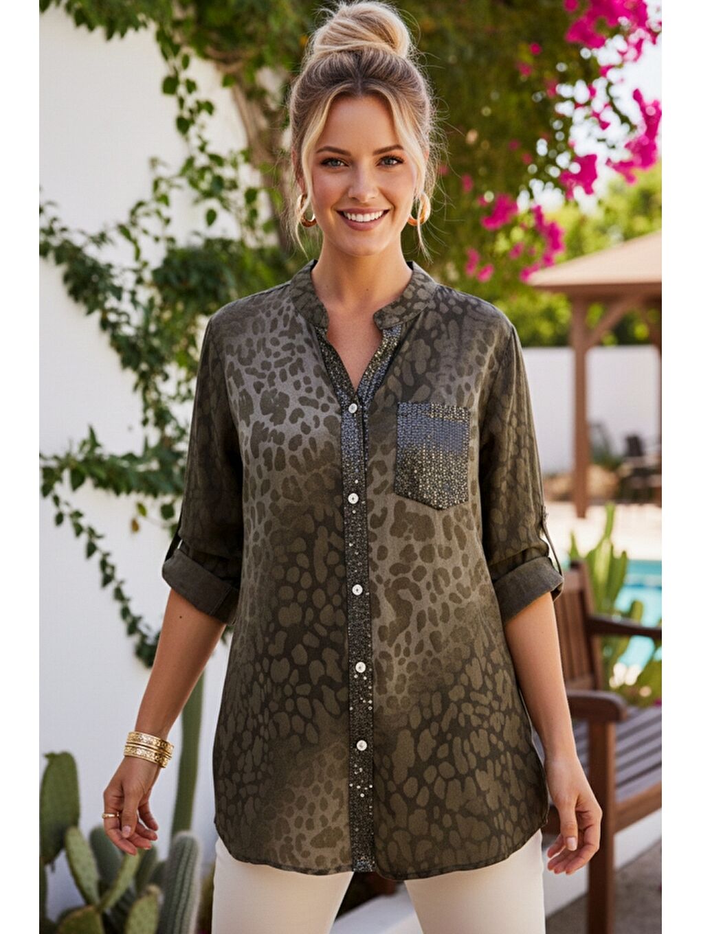 İtalyan Kahverengi Hakim Yaka 3/4 Kol Leopar Desenli Düğmeli Pullu Cepli Casual Viskon Dokuma 75 65-2