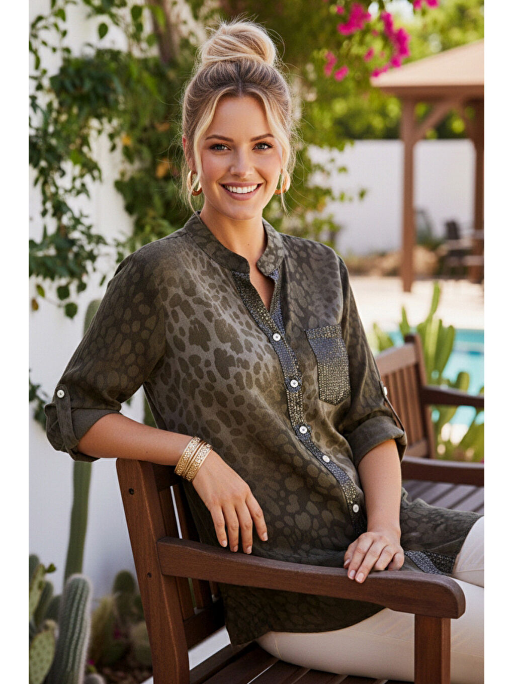 İtalyan Kahverengi Hakim Yaka 3/4 Kol Leopar Desenli Düğmeli Pullu Cepli Casual Viskon Dokuma 75 65-3