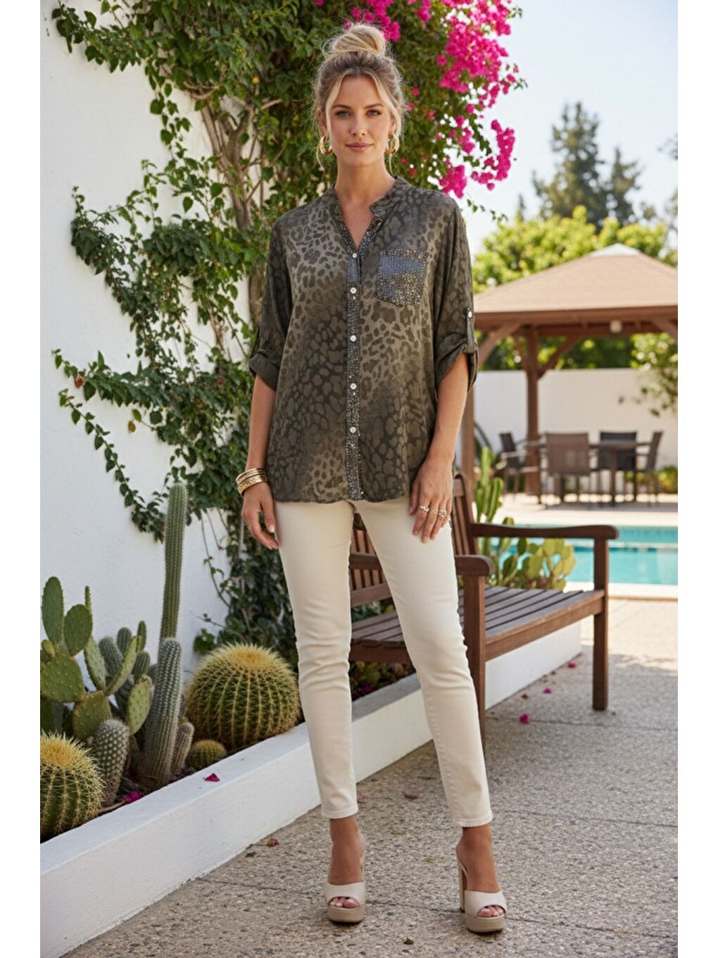 İtalyan Kahverengi Hakim Yaka 3/4 Kol Leopar Desenli Düğmeli Pullu Cepli Casual Viskon Dokuma 75 65-4