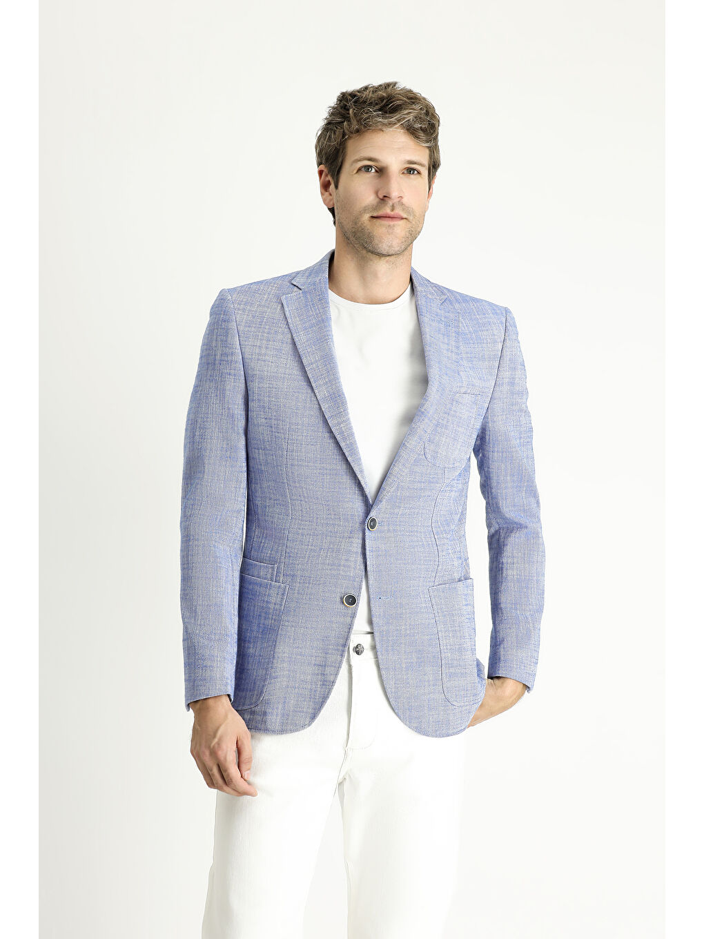 Mavi Slim Fit Dar Kesim Desenli Spor Pamuk Ceket