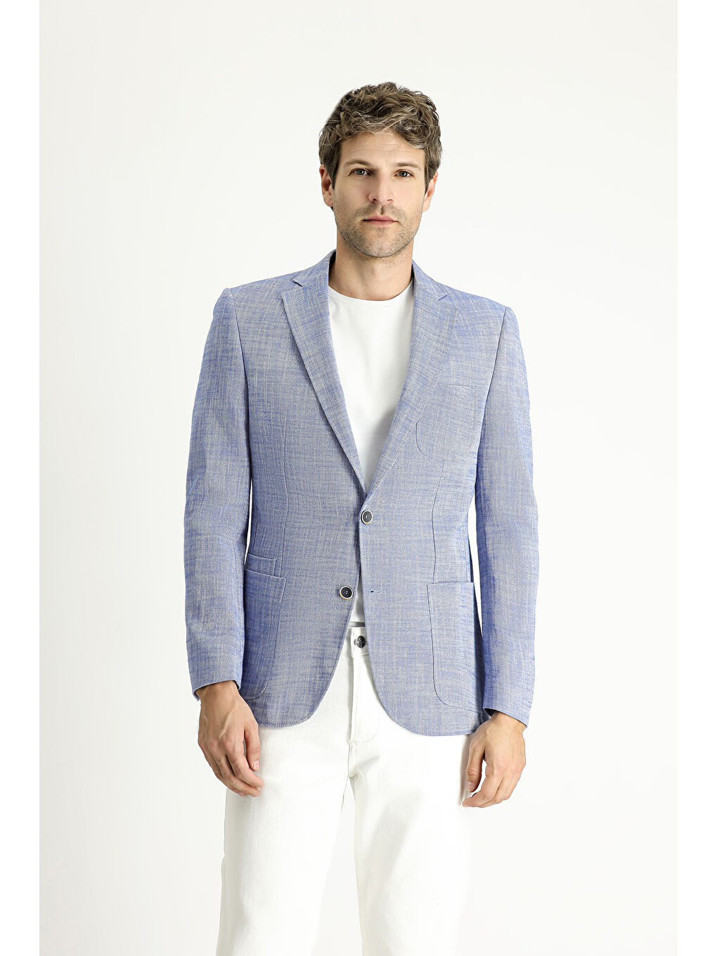 Mavi Slim Fit Dar Kesim Desenli Spor Pamuk Ceket-3