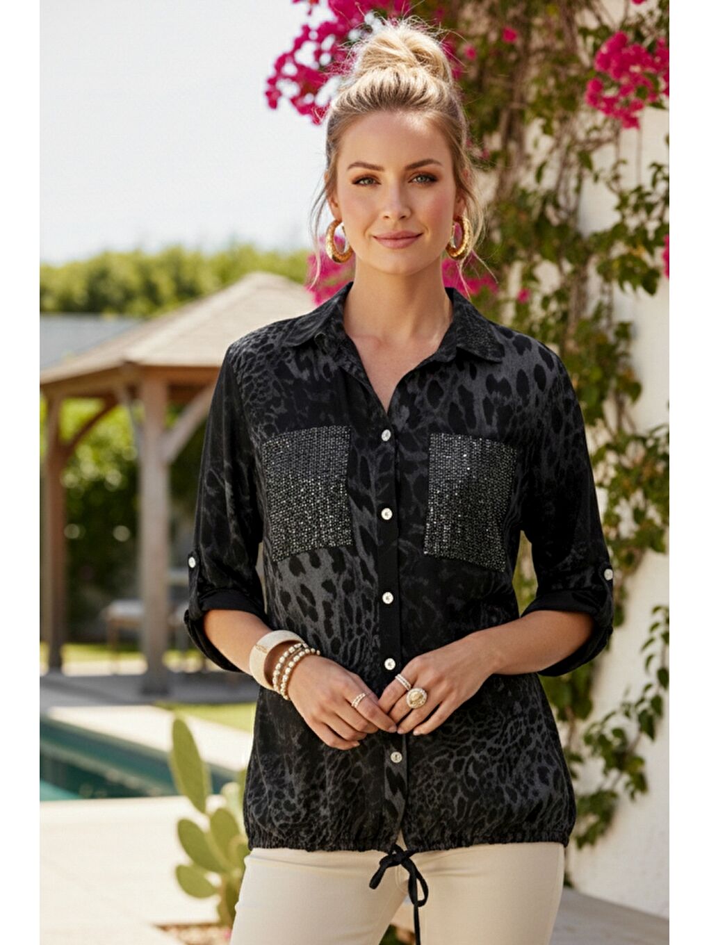 İtalyan Siyah Gömlek Yaka Düğmeli 3/4 Kol Desenli Düğmeli Pullu Cepli Dokuma Gömlek 70 60-1