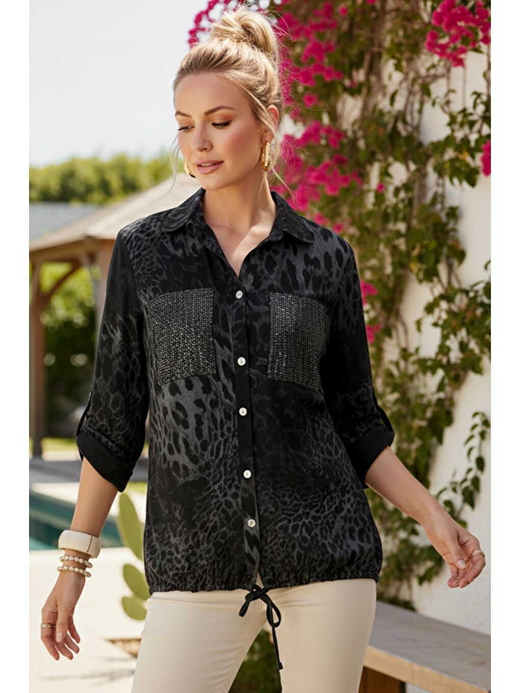 İtalyan Siyah Gömlek Yaka Düğmeli 3/4 Kol Desenli Düğmeli Pullu Cepli Dokuma Gömlek 70 60-2