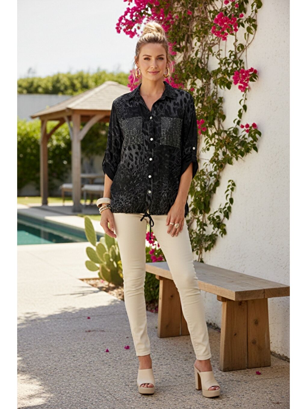 İtalyan Siyah Gömlek Yaka Düğmeli 3/4 Kol Desenli Düğmeli Pullu Cepli Dokuma Gömlek 70 60-5