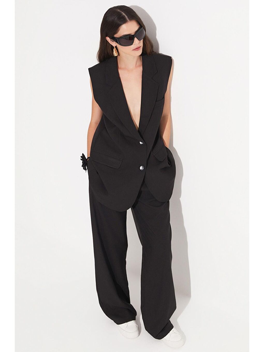 Siyah Kadın Pili Detaylı Dokuma Pantolon-3