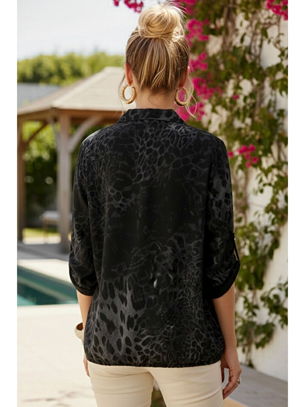 İtalyan Siyah Gömlek Yaka Düğmeli 3/4 Kol Desenli Düğmeli Pullu Cepli Dokuma Gömlek 70 60-6