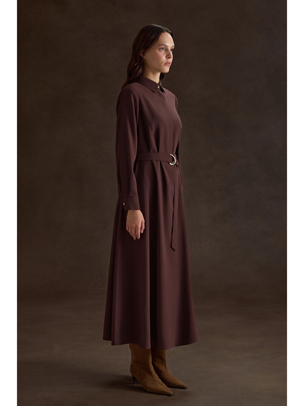 Kahverengi Metal Tokalı Modal Elbise-1