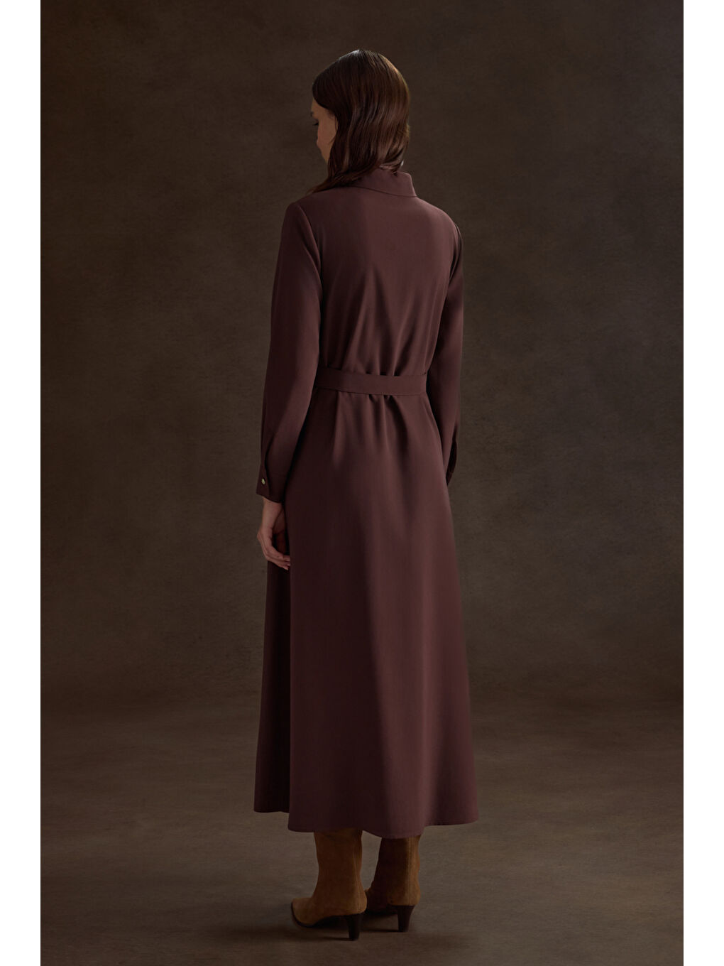 Kahverengi Metal Tokalı Modal Elbise-3