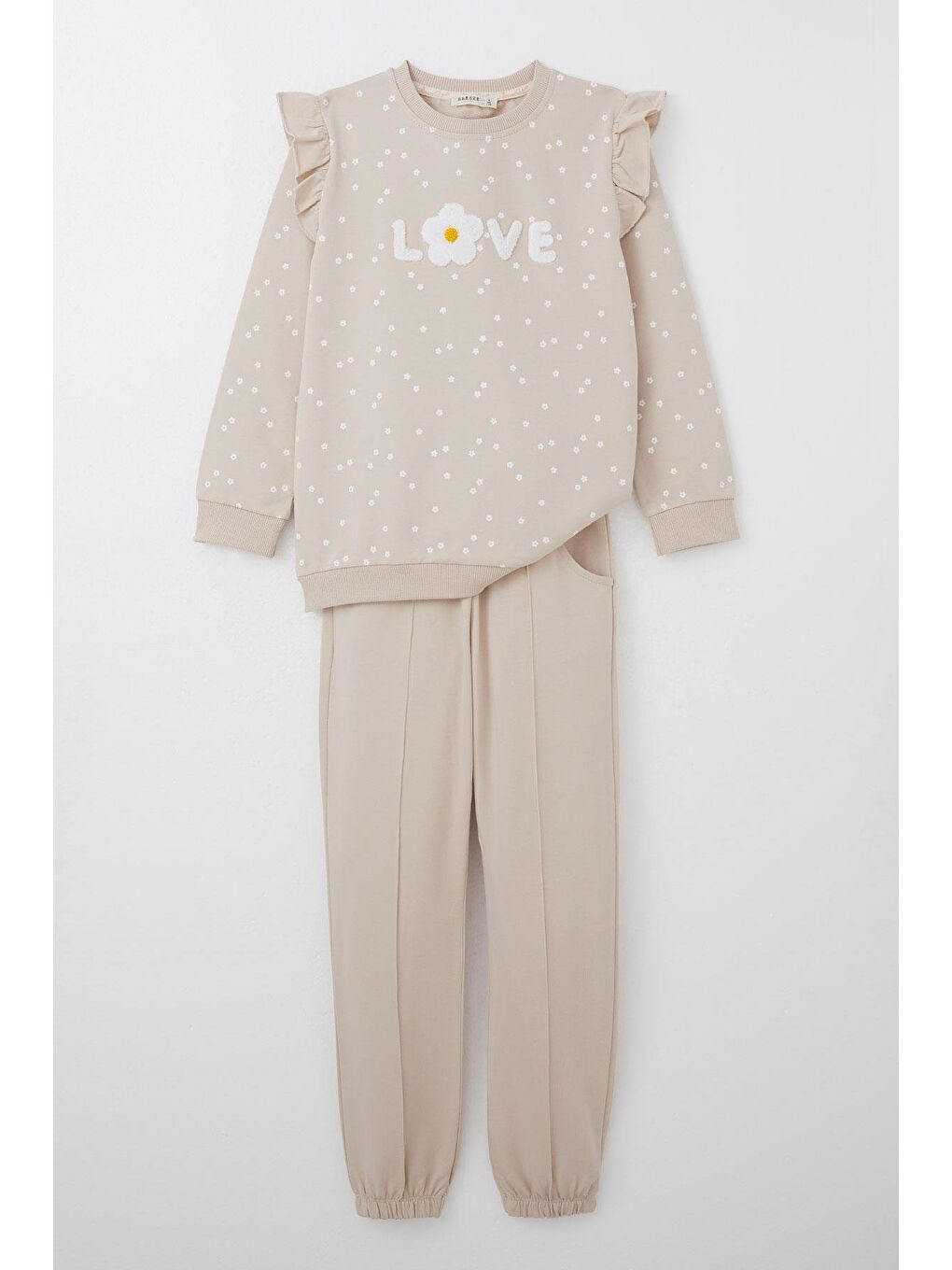 Kız Çocuk Eşofman Takım Kabartma Yazı Baskılı Çiçekli Bej (4-6 Yaş)